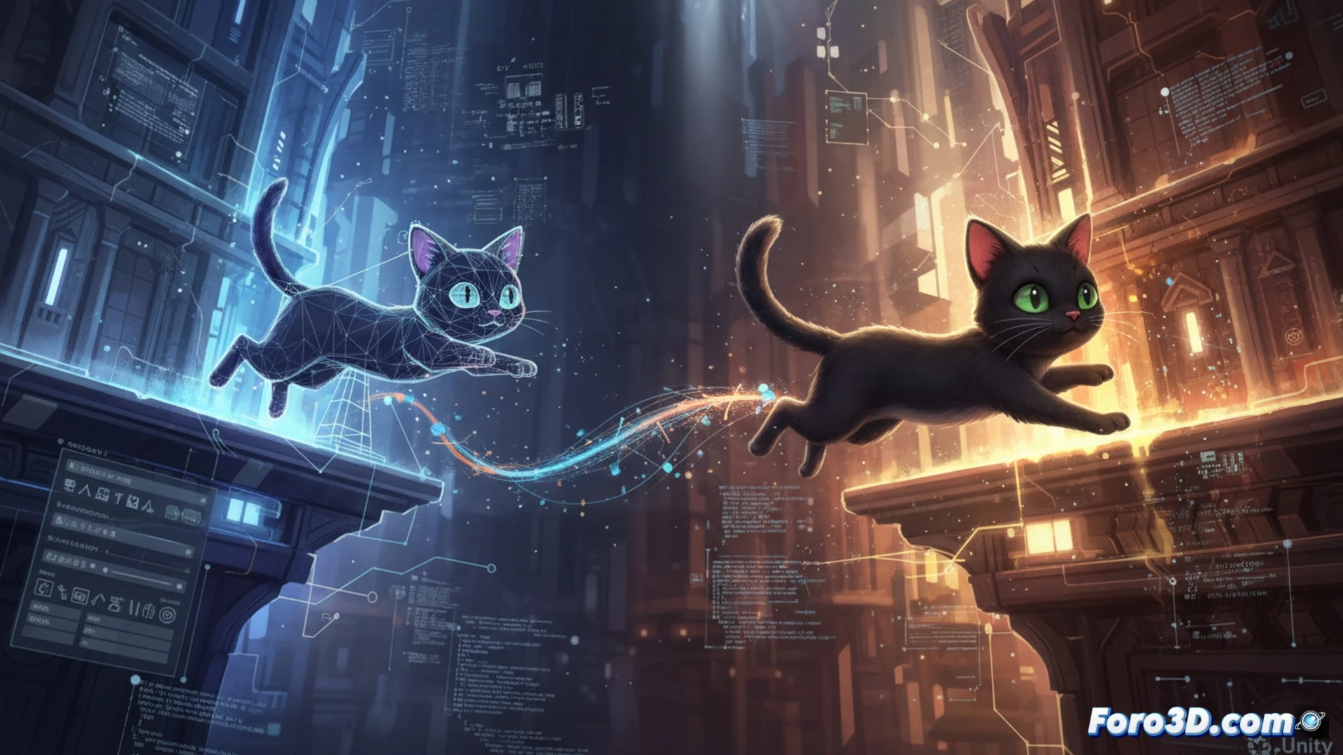 Gato cartoon trepando edificio en ciudad colorida con animación procedural en Unity