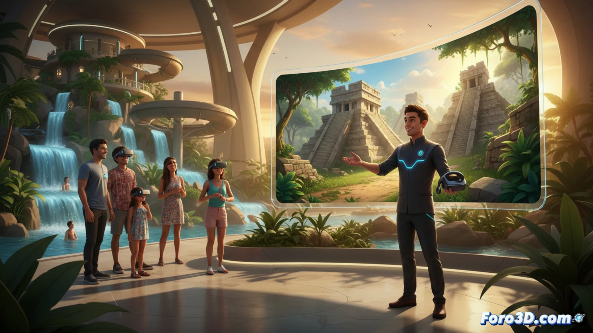 Animador turístico 3D guía a huéspedes en hotel, explorando ruinas mayas con gafas VR en el lobby.