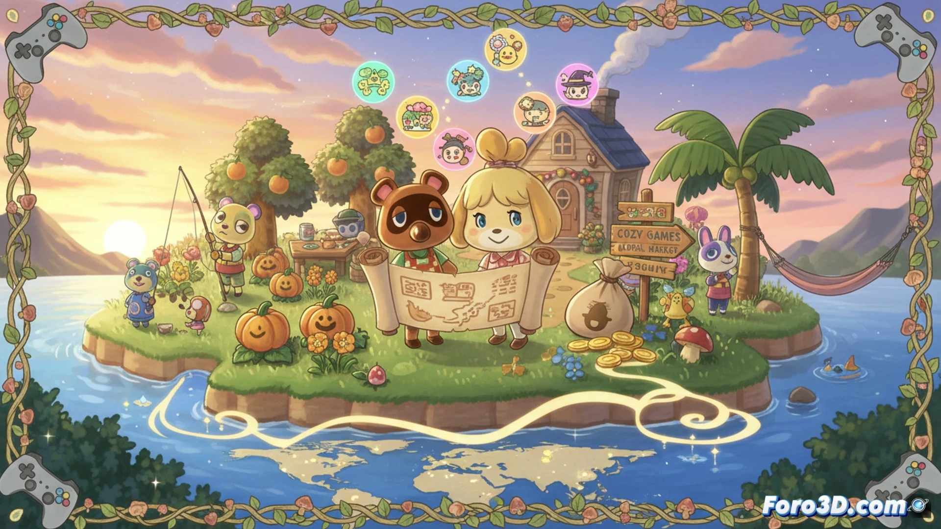 Animal Crossing game console screen glowing in dim living room, player character holding a shovel while planting a cherry tree sapling in soft green grass, Nintendo Switch docked on table showing island customization menu, cozy lamp light illuminating joy-con controllers and a cup of tea, peaceful sunset lighting through window, no text or numbers visible, cinematic cozy game aesthetic, warm color palette, soft shadows, photorealistic interior scene, demonstrating relaxed gameplay moment without combat or urgency