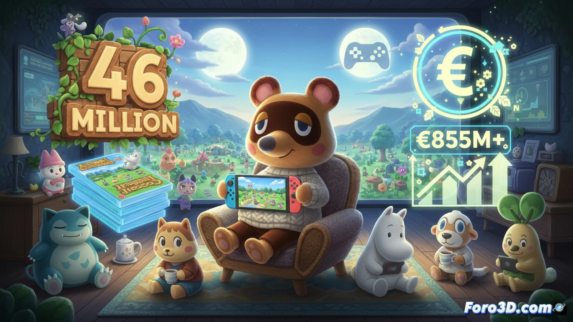 Pixel-art island at dawn, a player character holding a crafting hammer stands beside a glowing workbench, multiple Nook Miles tickets scattered on the ground, a Nintendo Switch console resting on a log stool, digital leaf interface floating above the character's head showing a rising profits graph, cozy cottage in background with smoke from chimney forming a heart shape, cinematic game engine render, soft warm lighting, vibrant green grass texture, low-poly 3D style with stylized shadows, ultra-detailed foliage and wooden fences, peaceful morning atmosphere, photorealistic textures on tools and console