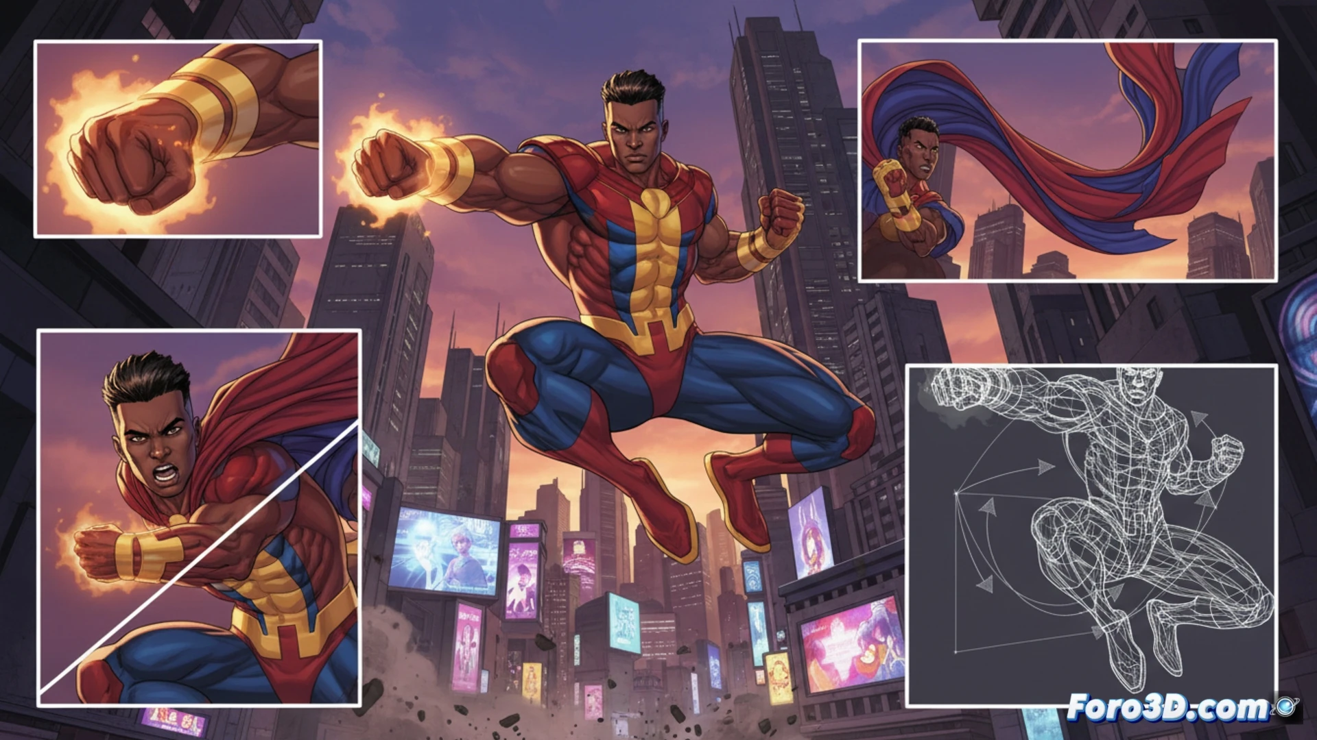 Prodigy Marvel 3D rigging superhéroe salto extremo musculatura deformación dinámica capas animación personaje