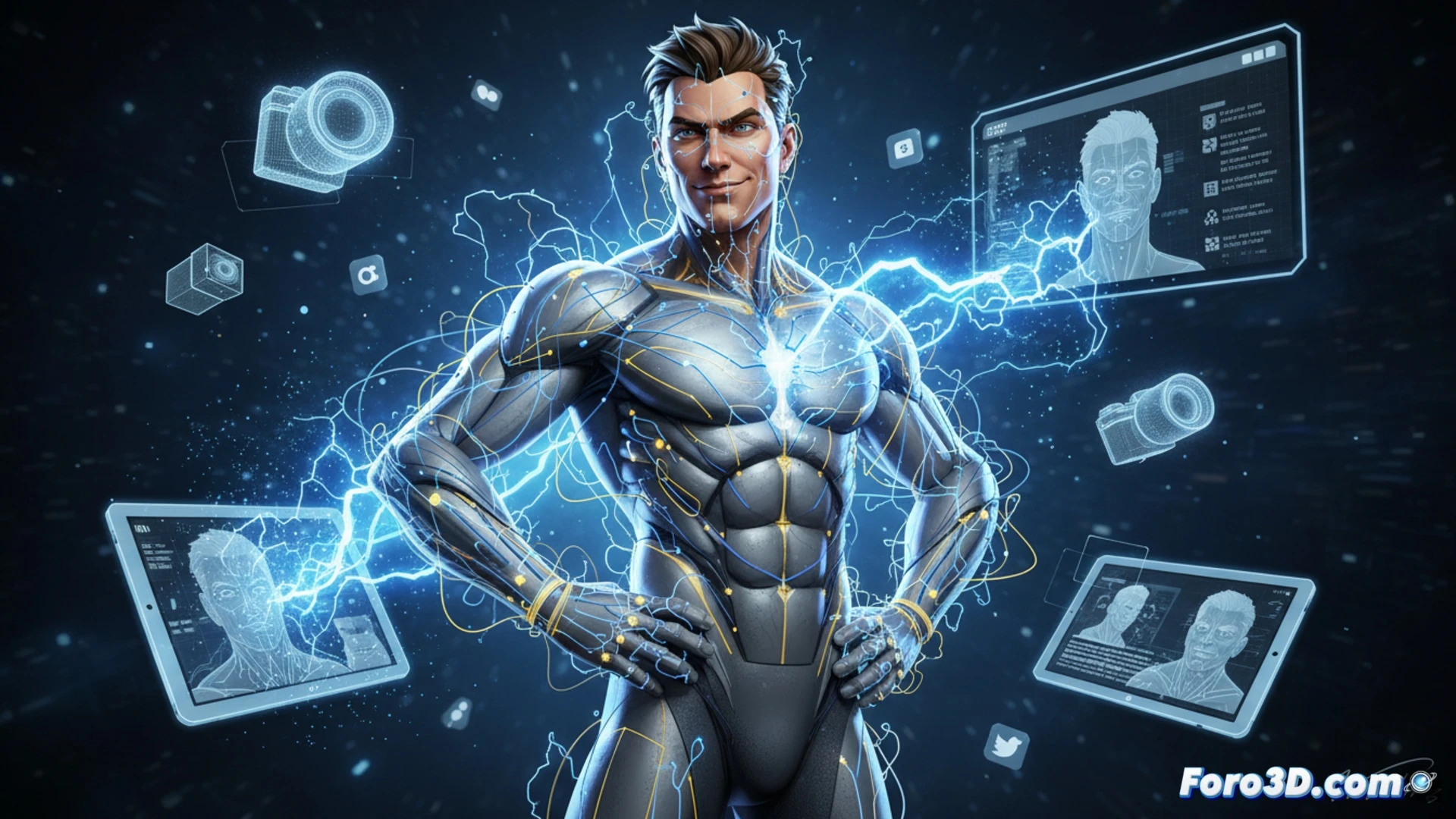 Striker Marvel adolescente generando electricidad azul en pose arrogante, modelo 3D con rigging y partículas voltaicas