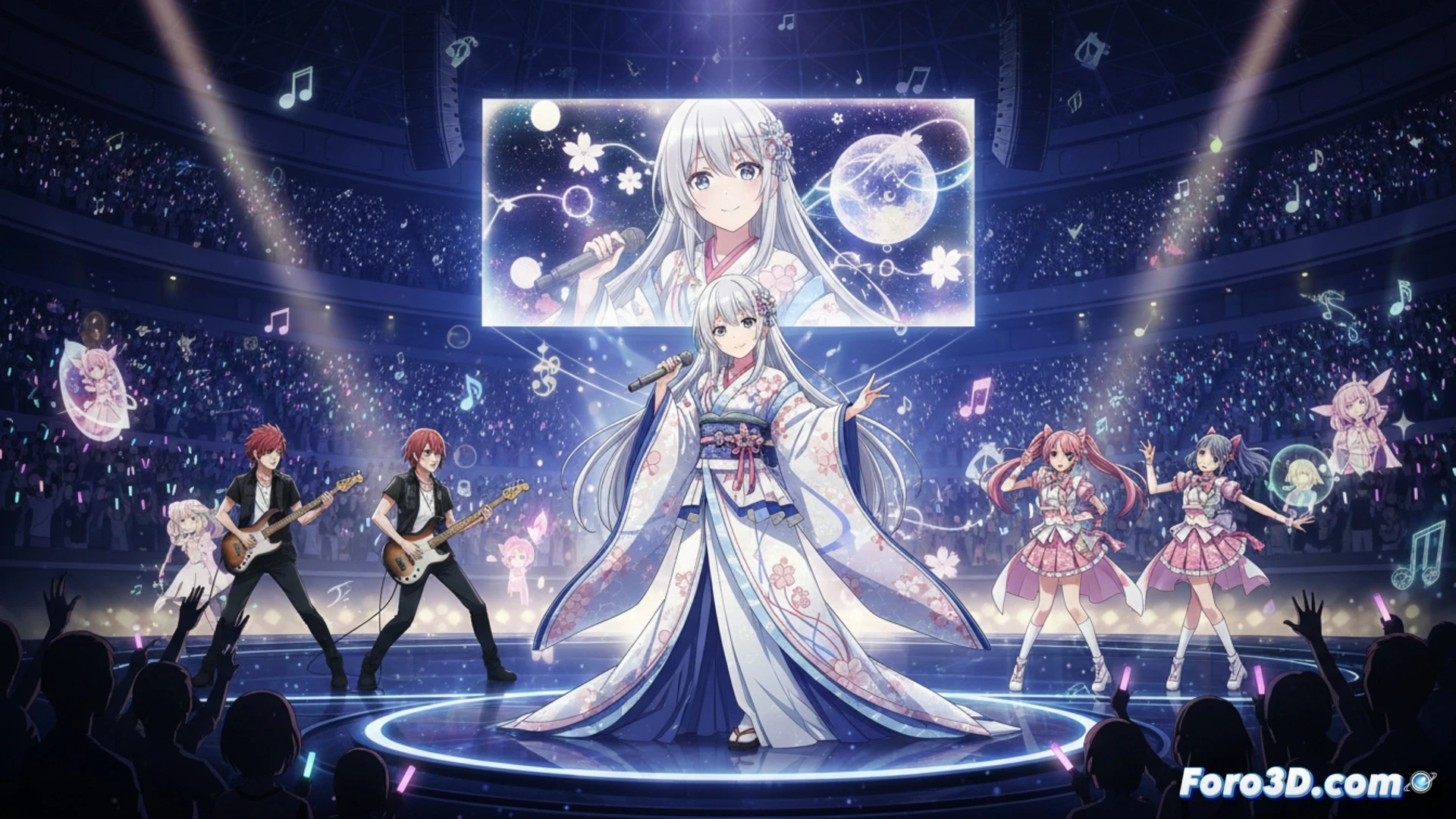 Natsuyoshi Yuko sonríe en el escenario de Anisama 2026, luces púrpuras y logos de Messenger brillan entre el público.