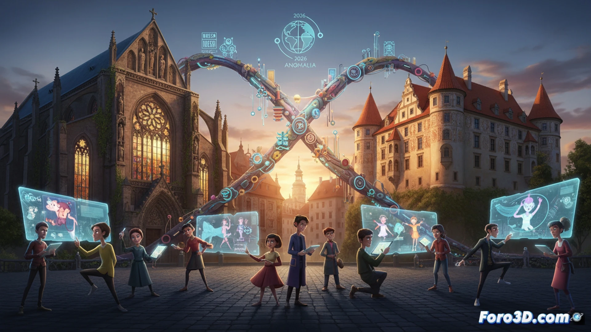 Una galería barroca iluminada al atardecer, con pupitres y tablets de animación junto a vitrales antiguos; afuera, un castillo renacentista bajo el cielo checo.