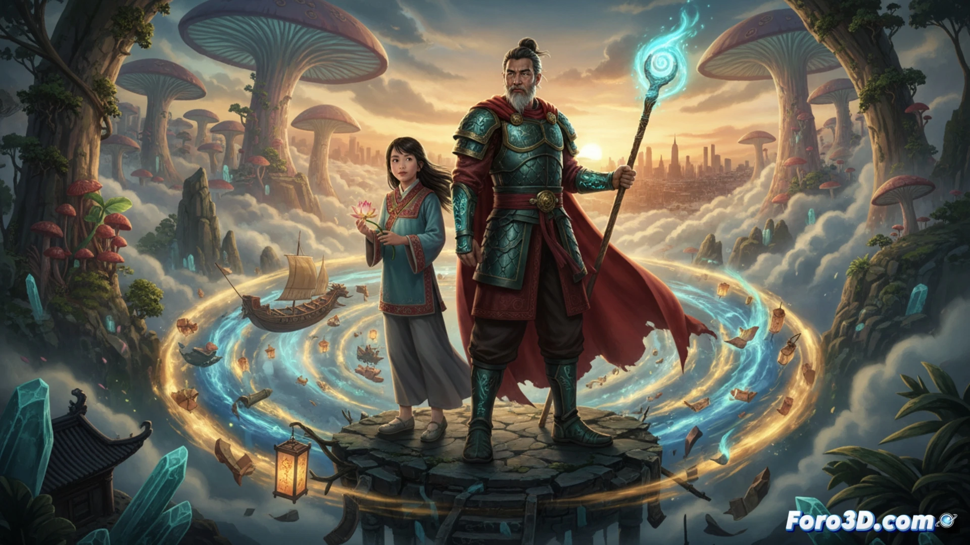Ilustración vibrante de Gudo, el Guardián de Almas, flotando junto a Yuri, una niña fantasma, sobre un paisaje de Hong Kong neblinoso. Luces de neón y puentes se mezclan con un cielo espiritual anaranjado.