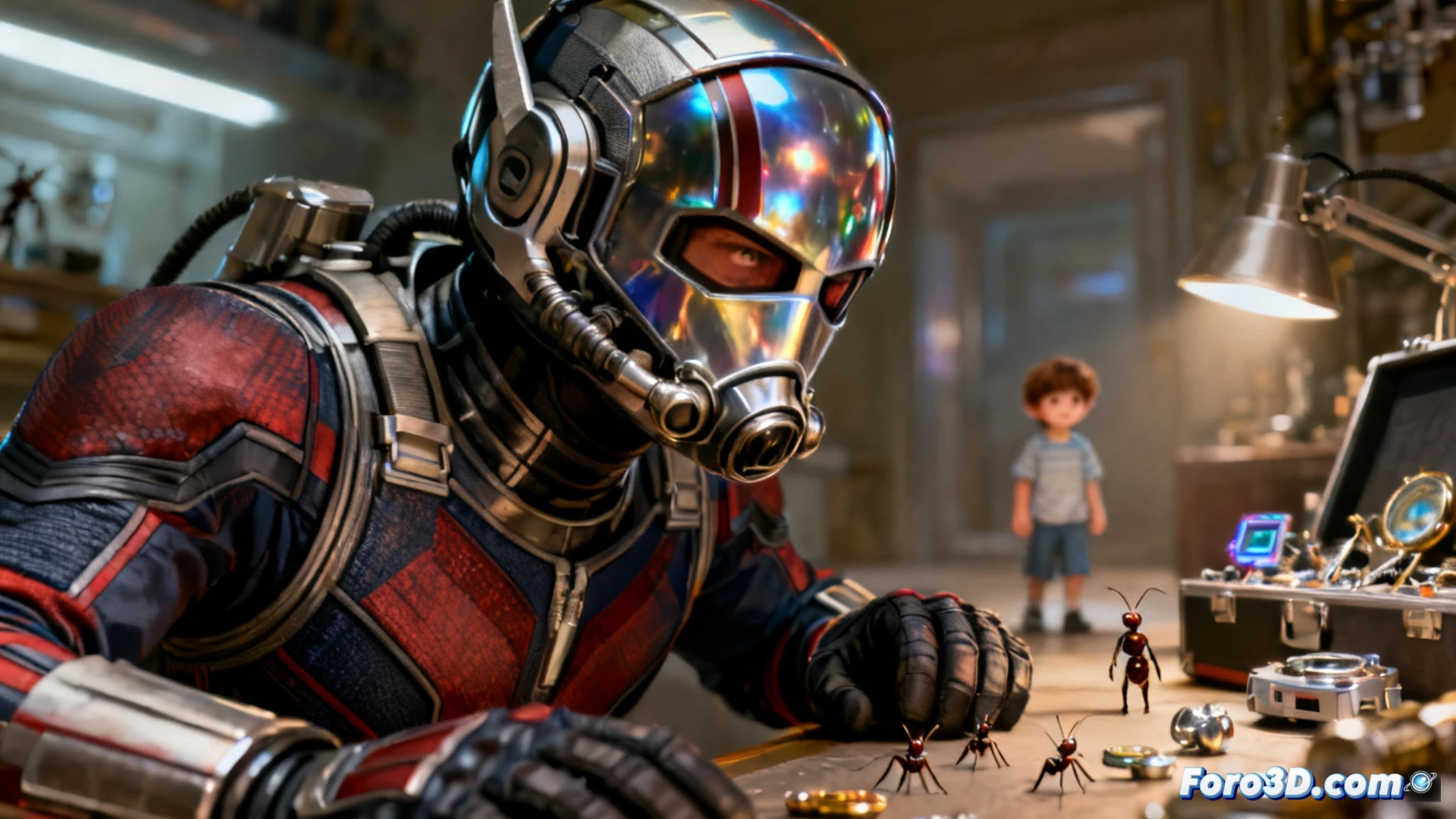 Scott Lang en traje de Ant-Man reducido a tamaño subatómico, flotando dentro de un circuito impreso de un servidor cuántico, mientras dispara un rayo de energía amarilla hacia un disipador térmico de cobre, componentes electrónicos miniatura y cables de fibra óptica brillan a su alrededor, partículas de polvo cósmico suspendidas en el aire, estilo cinematográfico hiperrealista, iluminación dramática azul y naranja, texturas metálicas pulidas, desenfoque de movimiento en los destellos de luz, visualización técnica de ingeniería a escala microscópica