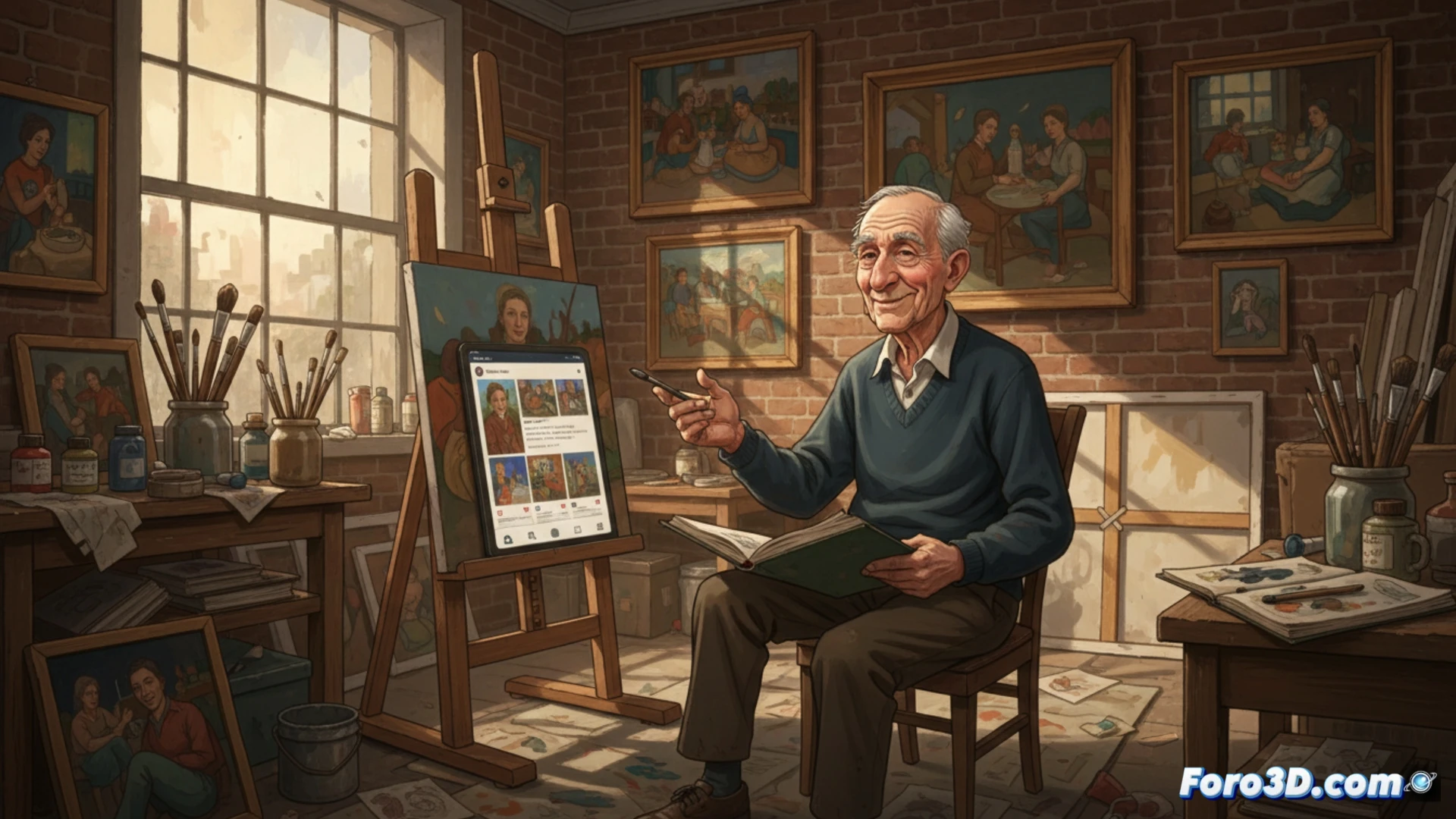 old artist hands holding a smartphone showing Instagram interface with paint-smeared fingers, a wooden easel with half-finished canvas of a duck and worm sketch in background, paintbrushes soaking in turpentine jar, framed paintings leaning against a brick wall in a sunlit Brixton studio, cinematic photorealistic style, warm natural light streaming through window, dust particles floating in air, textured oil paint strokes visible on canvas, vintage wooden floorboards, artistic clutter with tubes of paint and palettes, dramatic shadows and highlights, ultra-detailed brush bristles and canvas weave, nostalgic atmosphere