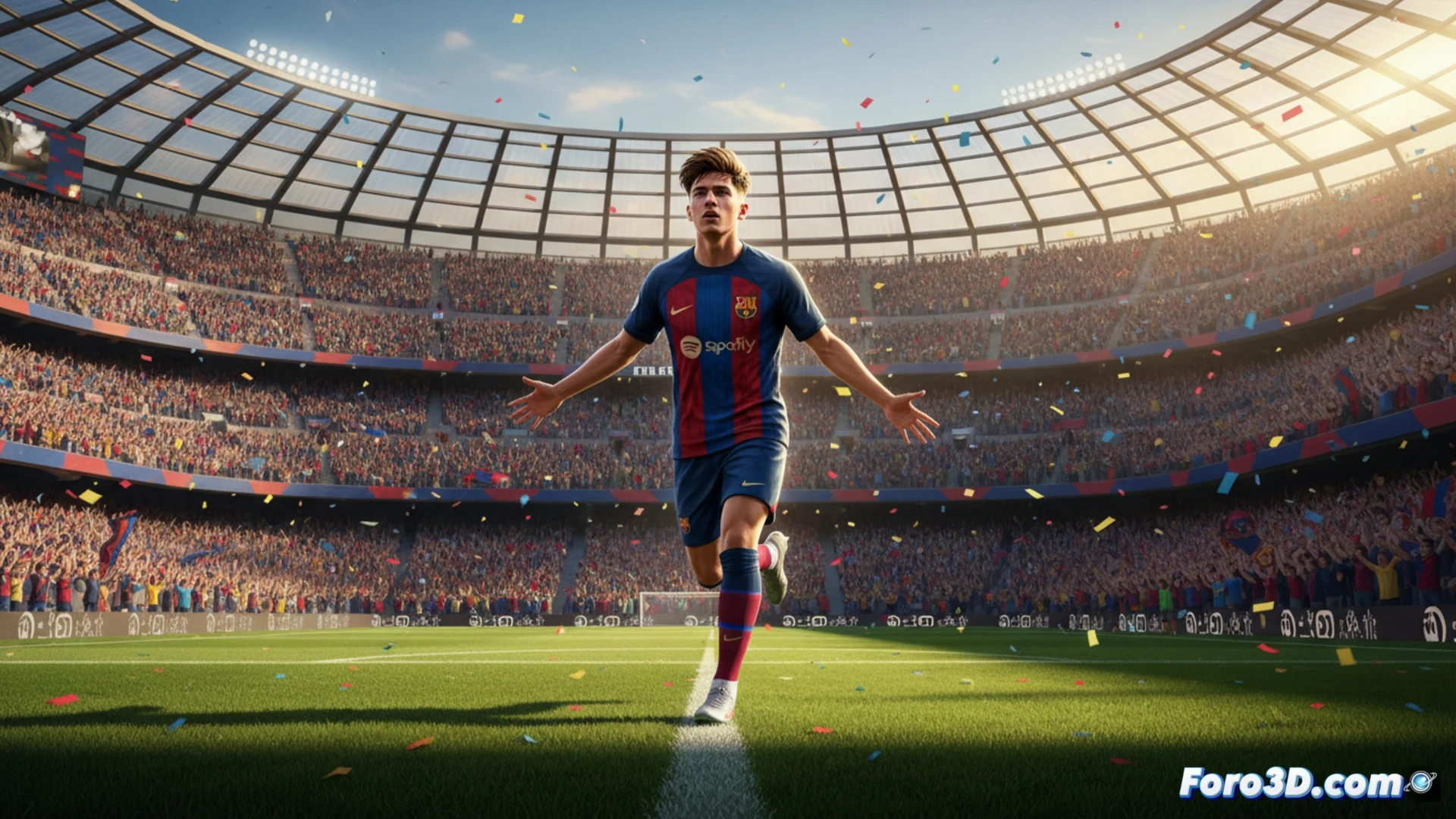 Anthony Gordon en acción con camiseta del Barça 2026/27, corriendo a máxima velocidad por la banda izquierda durante un contraataque, botas de fútbol impactando el césped del Camp Nou bajo focos nocturnos, balón pegado al pie mientras dribla, gradas con afición borrosa celebrando, marcador digital mostrando el nuevo dorsal, estudio técnico deportivo con líneas de movimiento y datos biométricos superpuestos, render fotorrealista cinematográfico, iluminación dramática con destellos de flashes, césped texturizado, sudor y tensión muscular visibles, estilo visual de simulación deportiva avanzada
