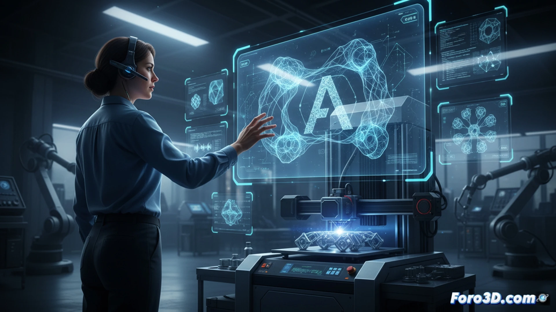 Un ingeniero dicta comandos de voz a Claude, que controla Autodesk Fusion. En pantalla, un modelo 3D se modifica mientras conectores de IA sincronizan archivos en la cadena de producción.