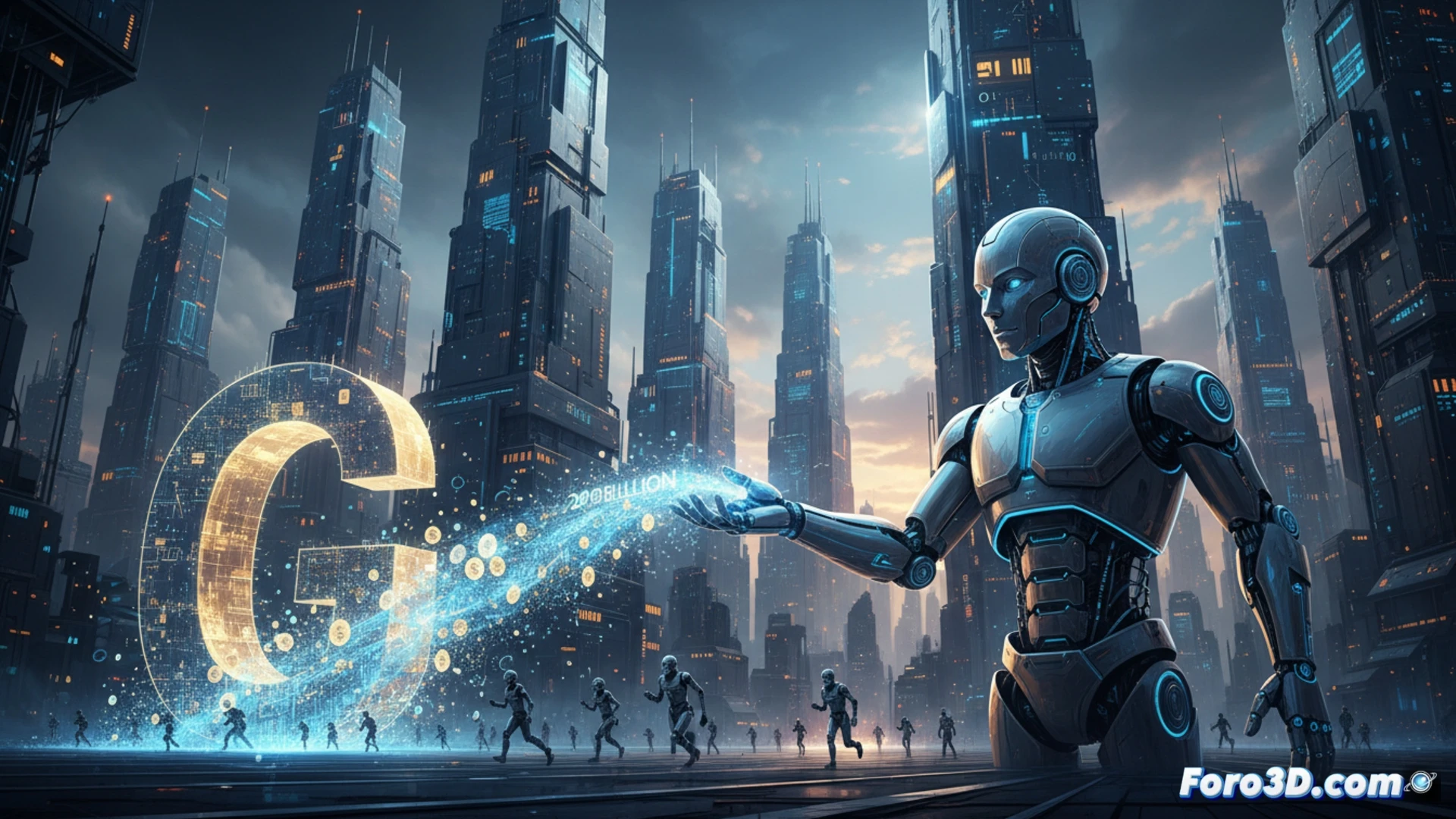 Ilustración conceptual: un paisaje nocturno con dos enormes figuras robóticas enfrentadas. Una, con el logo de Google, extiende un cheque gigante de 200.000 millones hacia la otra, que representa a Anthropic. Al fondo, columnas de números y gráficos bursátiles se elevan como rascacielos. Sobre ellas, un cielo de datos binarios parpadea, simbolizando la feroz competencia por dominar la inteligencia artificial.