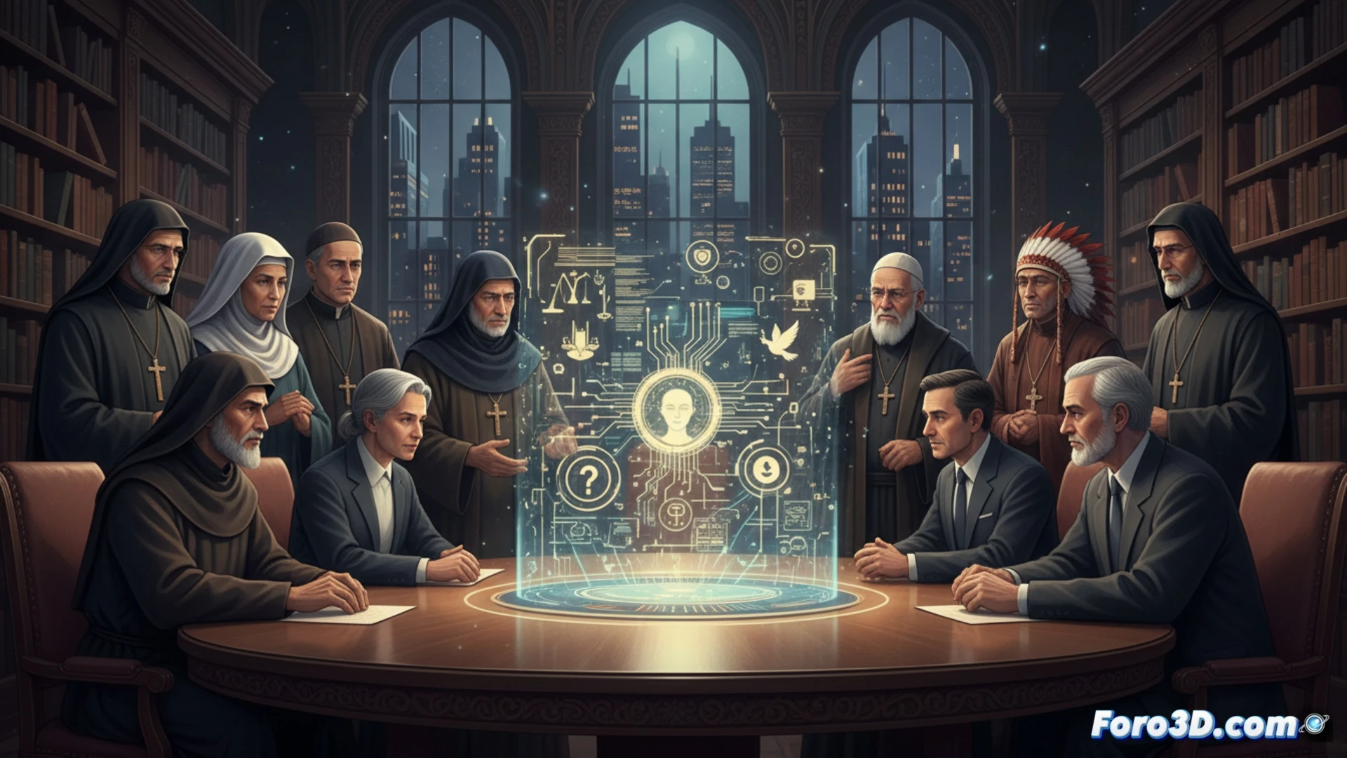 Descripción: Mesa redonda interreligiosa con líderes sijs, hindúes, judíos y mormones, y representantes de Anthropic y OpenAI, debatiendo ética para la IA Claude.