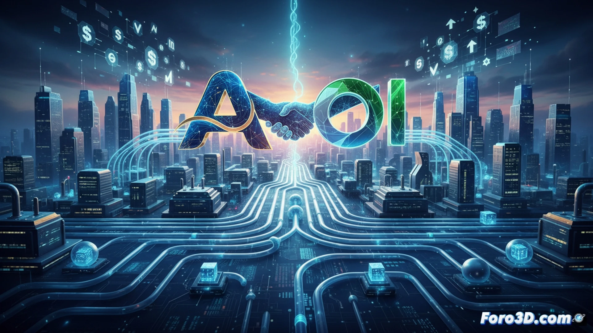 Dos logos de IA, Anthropic y OpenAI, flanquean un mapa corporativo con flechas de inversión fluyendo hacia empresas.