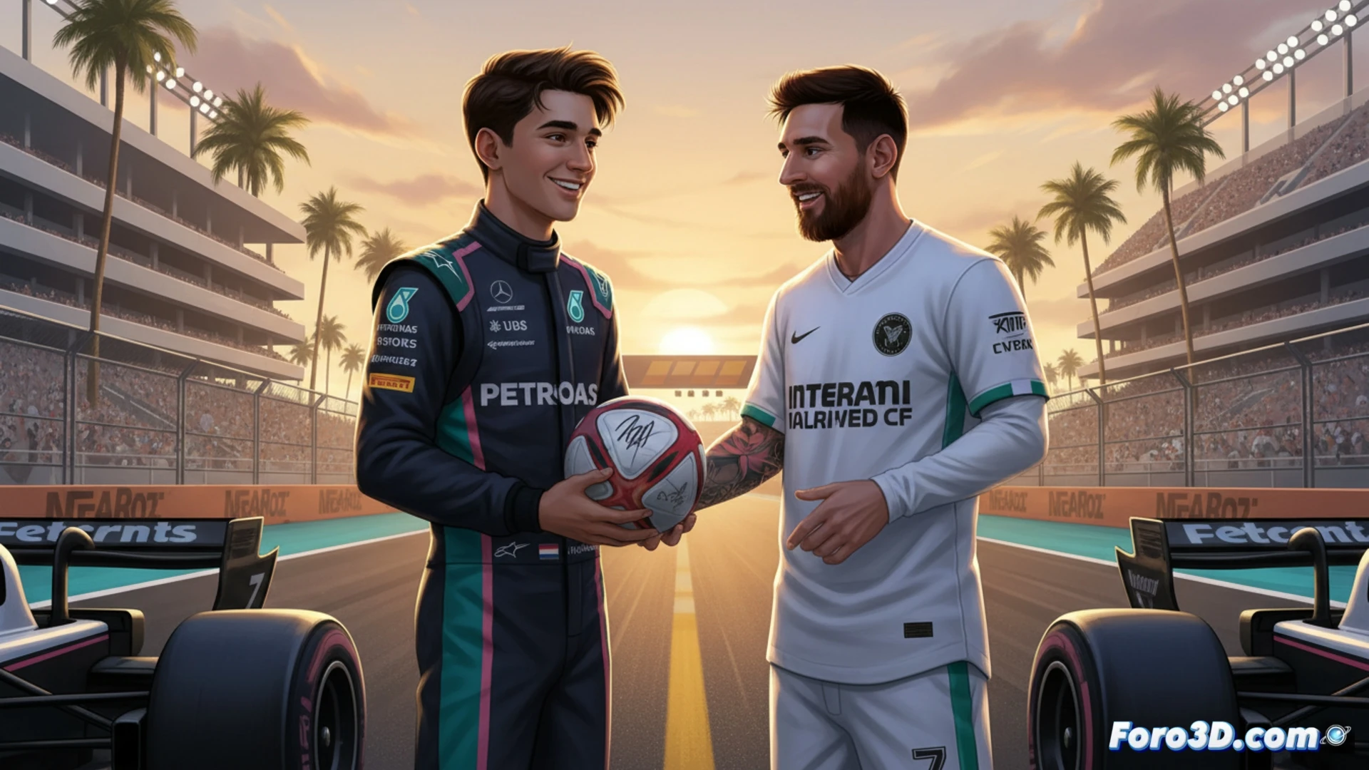 Kimi Antonelli sonríe junto a Leo Messi en Miami, ambos vistiendo camisetas de Inter Miami y F2, fondo de paddock.