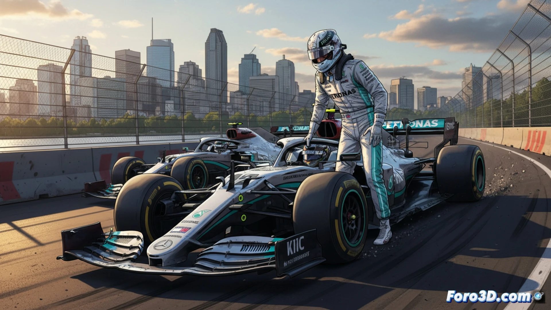 F1 Mercedes W16 en curva rápida del Circuito Gilles Villeneuve, Montreal, Kimi Antonelli al volante, neumáticos traseros generando humo por alta carga aerodinámica, difusor trasero expuesto con flujo de aire turbulento visible, alerón delantero en máxima inclinación durante frenada, suspensión trasera comprimida mostrando transferencia de peso, asfalto mojado con reflejos metálicos, boxes de fondo con ingenieros analizando telemetría en monitores, estilo cinematográfico photorealistic, iluminación dramática de atardecer, detalles de fibra de carbono y componentes mecánicos expuestos, motion blur en ruedas y fondo, alta definición técnica