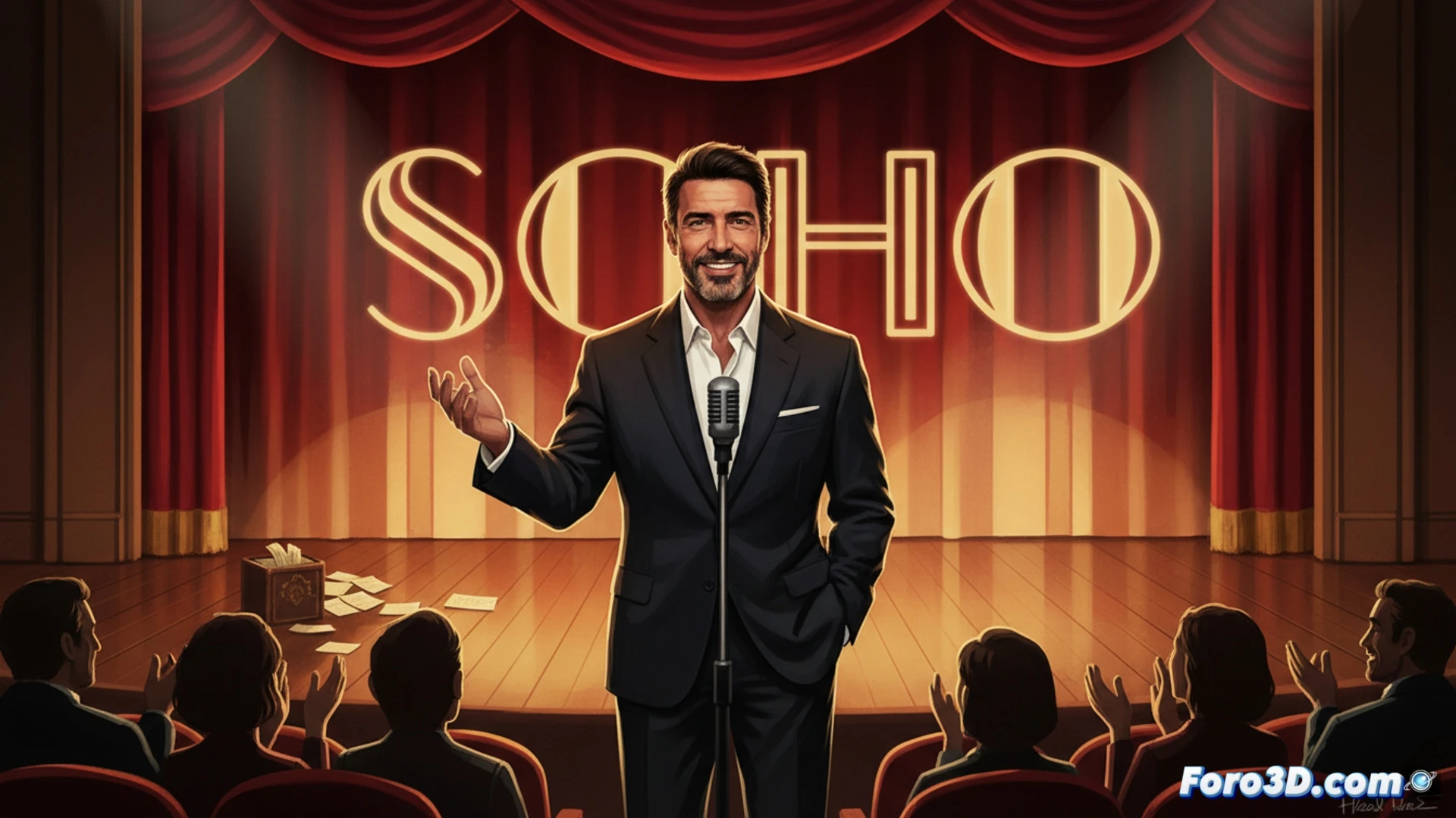 Antonio Banderas en un escenario vacío del Teatro Soho CaixaBank, iluminado por un foco cenital, sosteniendo un documento financiero con gráficos en verde positivo mientras señala un ordenador portátil abierto mostrando un balance de cuentas, detrás de él maquetas de decorados teatrales y reflectores apagados, expresión serena y firme, vestido con chaqueta oscura informal, estilo cinematográfico realista, luz teatral cálida y sombras marcadas, fotografía técnica dramática