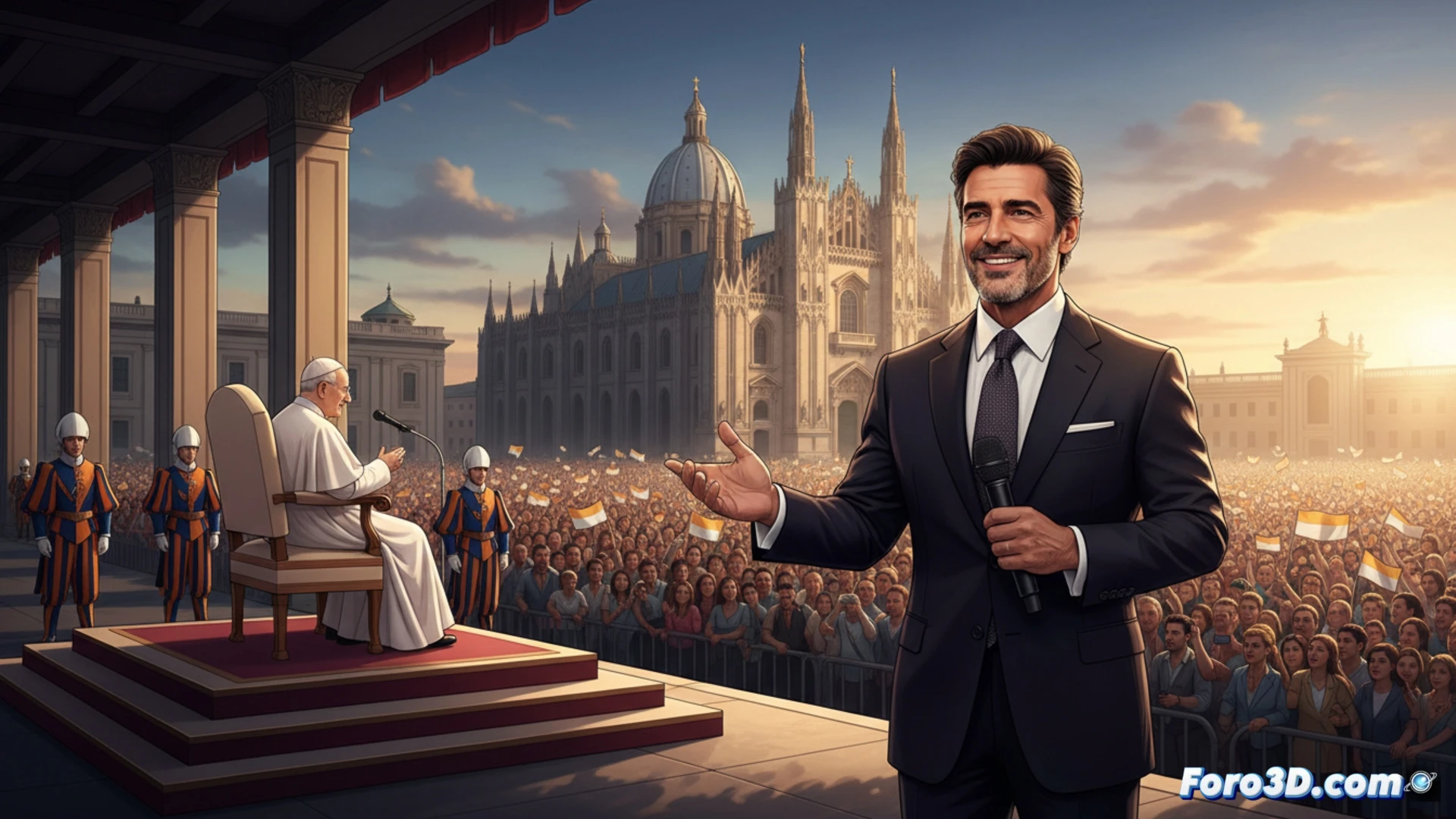 Un primer plano de Antonio Banderas sonríe junto al papa Francisco, con banderas de España y el Vaticano al fondo, en un escenario teatral iluminado.