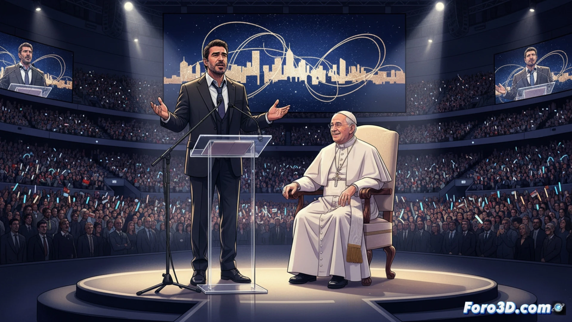 Antonio Banderas, de pie en un escenario iluminado, gesticula con serenidad ante el Papa León XIV, sentado en primera fila en el Movistar Arena de Madrid.