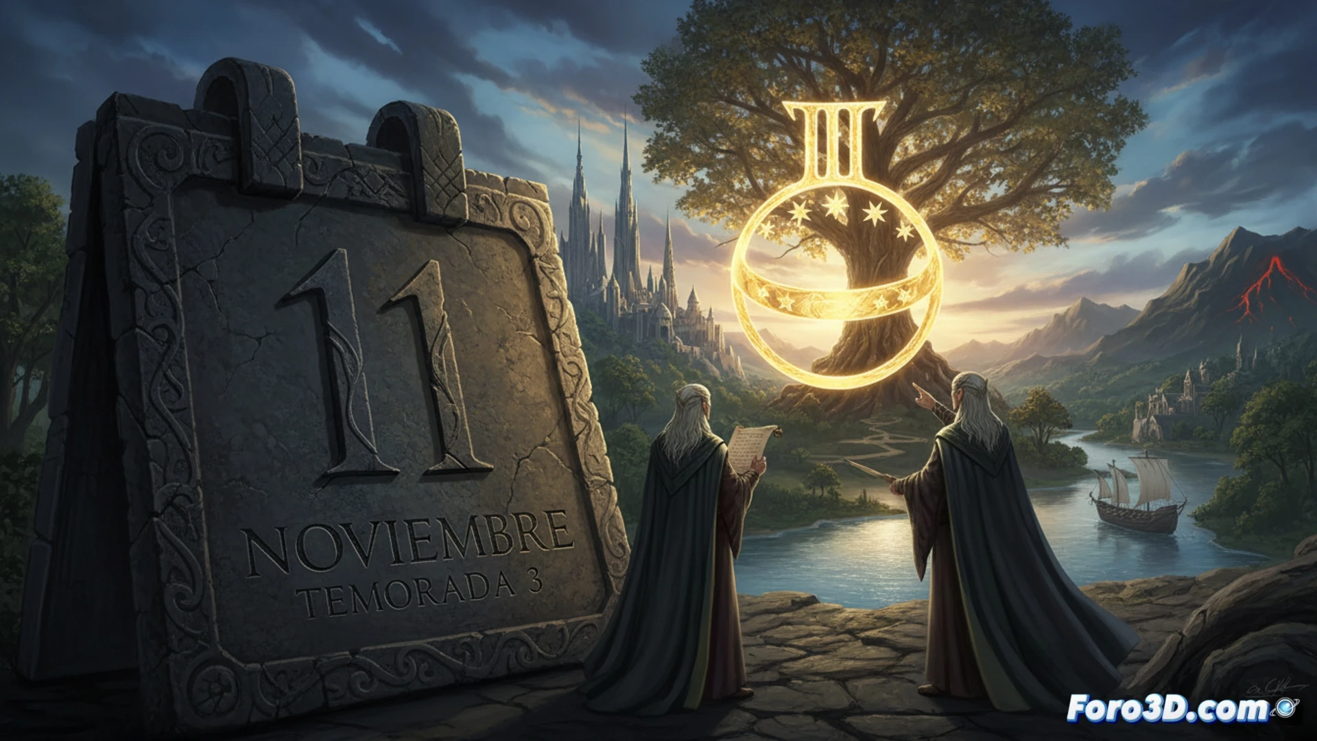 Póster épico con el Ojo de Sauron sobre fondo oscuro, elrond y galadriel de espaldas mirando un mapa de la Tierra Media, fecha 11 de noviembre resaltada en rojo.