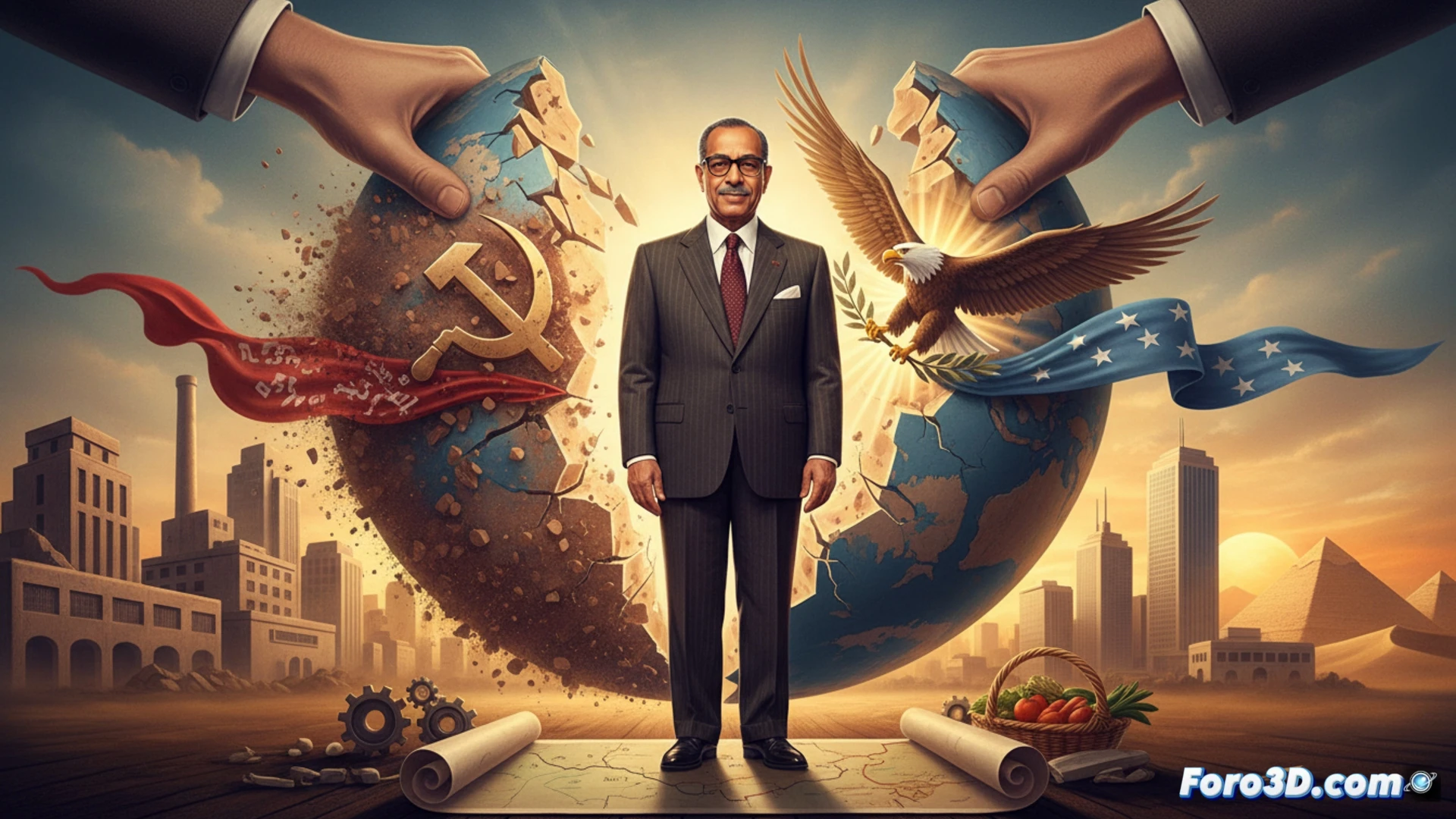 Anwar Sadat standing at a podium in Cairo, shaking hands with a US diplomat while Soviet military advisors board a departing plane in the background, Egyptian map of Sinai peninsula glowing on a digital screen beside him, economic growth charts rising on a nearby monitor, cinematic photorealistic style, dramatic sunset lighting over desert landscape, military vehicles being removed from Soviet bases, golden hour shadows, ultra-detailed textures on uniforms and aircraft, geopolitical shift visualized through clear action and movement