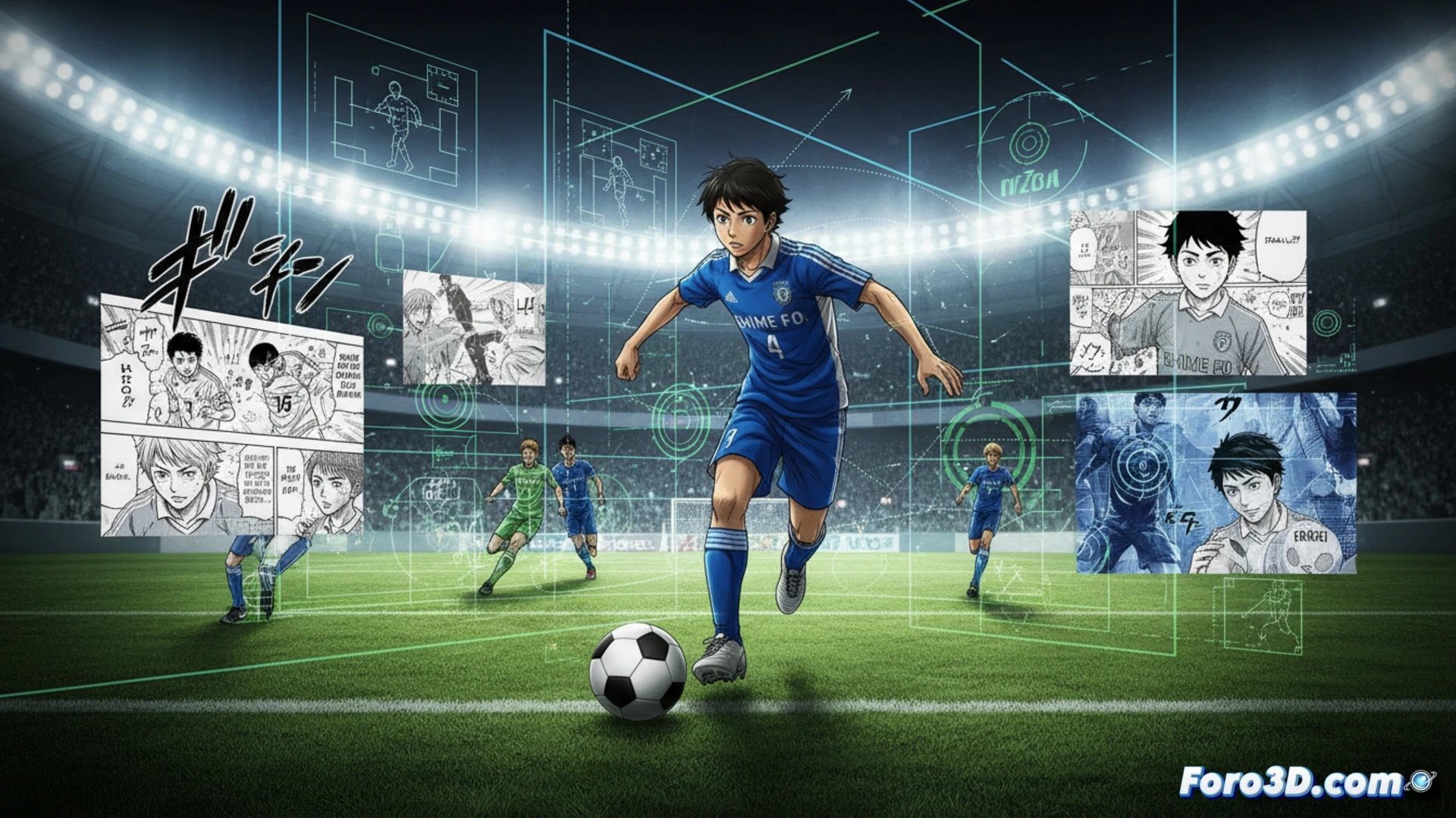 Viñeta de Aoashi mostrando jugadores de fútbol en perspectiva isométrica con líneas tácticas superpuestas, similar a un tracking 3D