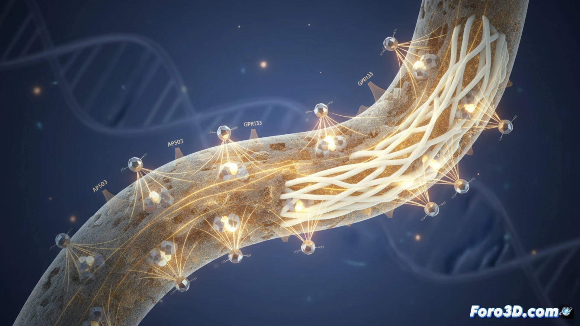 Un laboratorio con ratones muestra un gráfico de hueso denso; una molécula AP503 brilla junto al receptor GPR133 activado, revirtiendo la pérdida ósea.