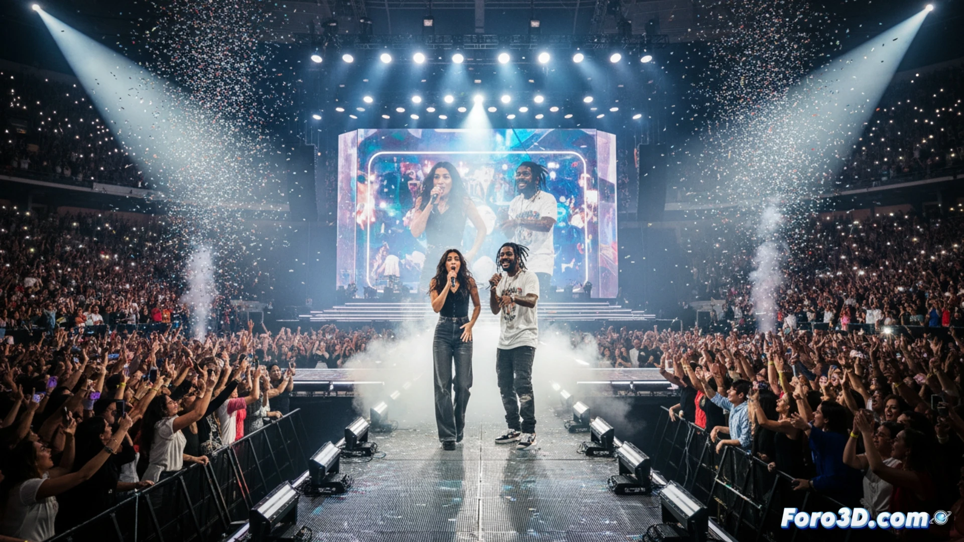 crowd at a massive concert venue, stage lights illuminating a sudden silhouette appearing from below the stage, multiple smartphones raised capturing the moment, viral social media icons floating above the crowd, live streaming interface overlays on screens, sound mixing console in foreground with faders moving, wireless microphone pack visible on performer, cinematic photorealistic render, dramatic spotlight beam cutting through haze, dynamic crowd motion blur, electric atmosphere, ultra-detailed stage equipment, glowing LED wristbands creating waves of light, high-contrast night scene, technical concert visualization