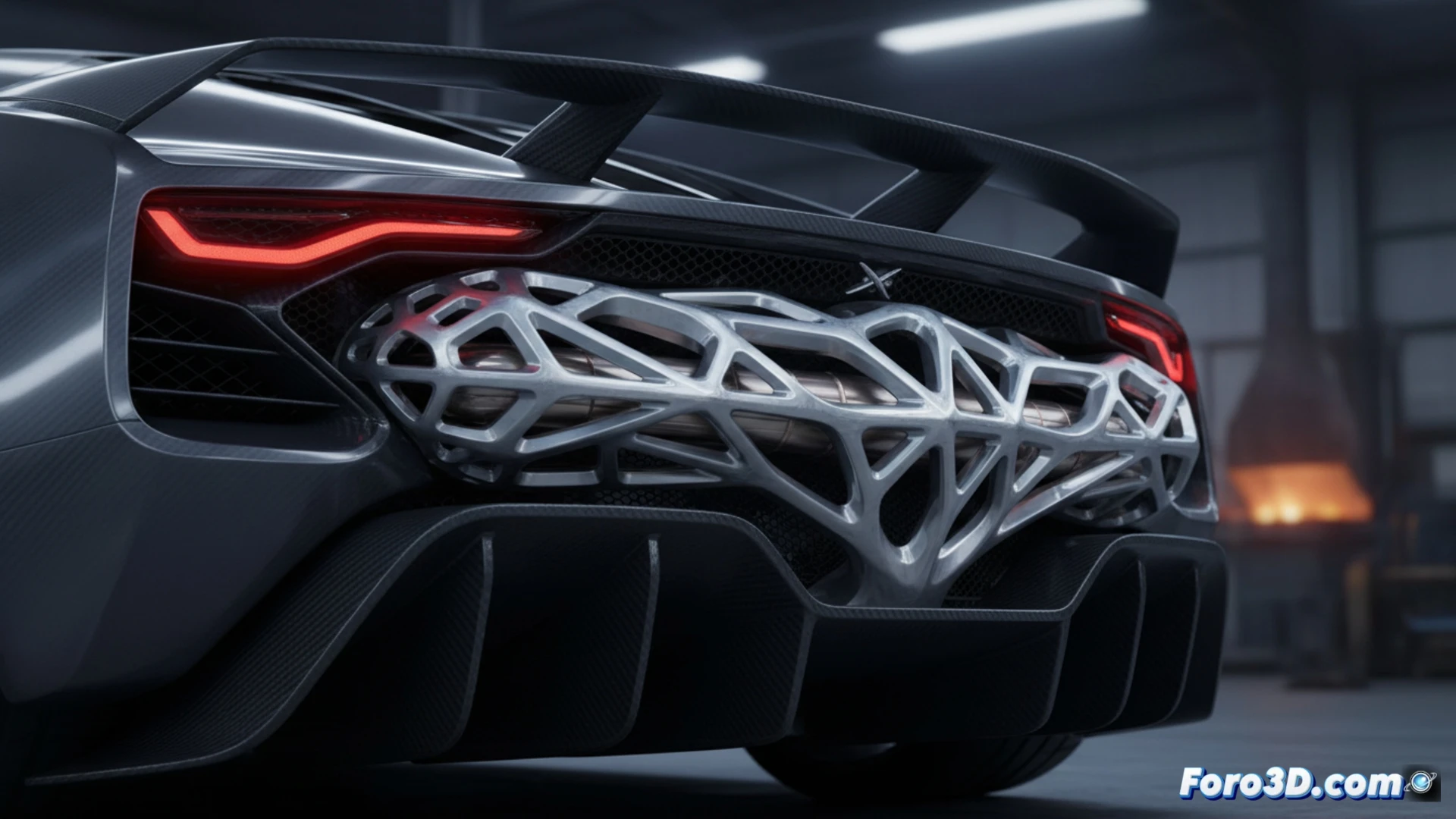 Descripción detallada: un superdeportivo rojo intenso en pista, con escape de titanio impreso en 3D, Dragon Skin, en una sola pieza.