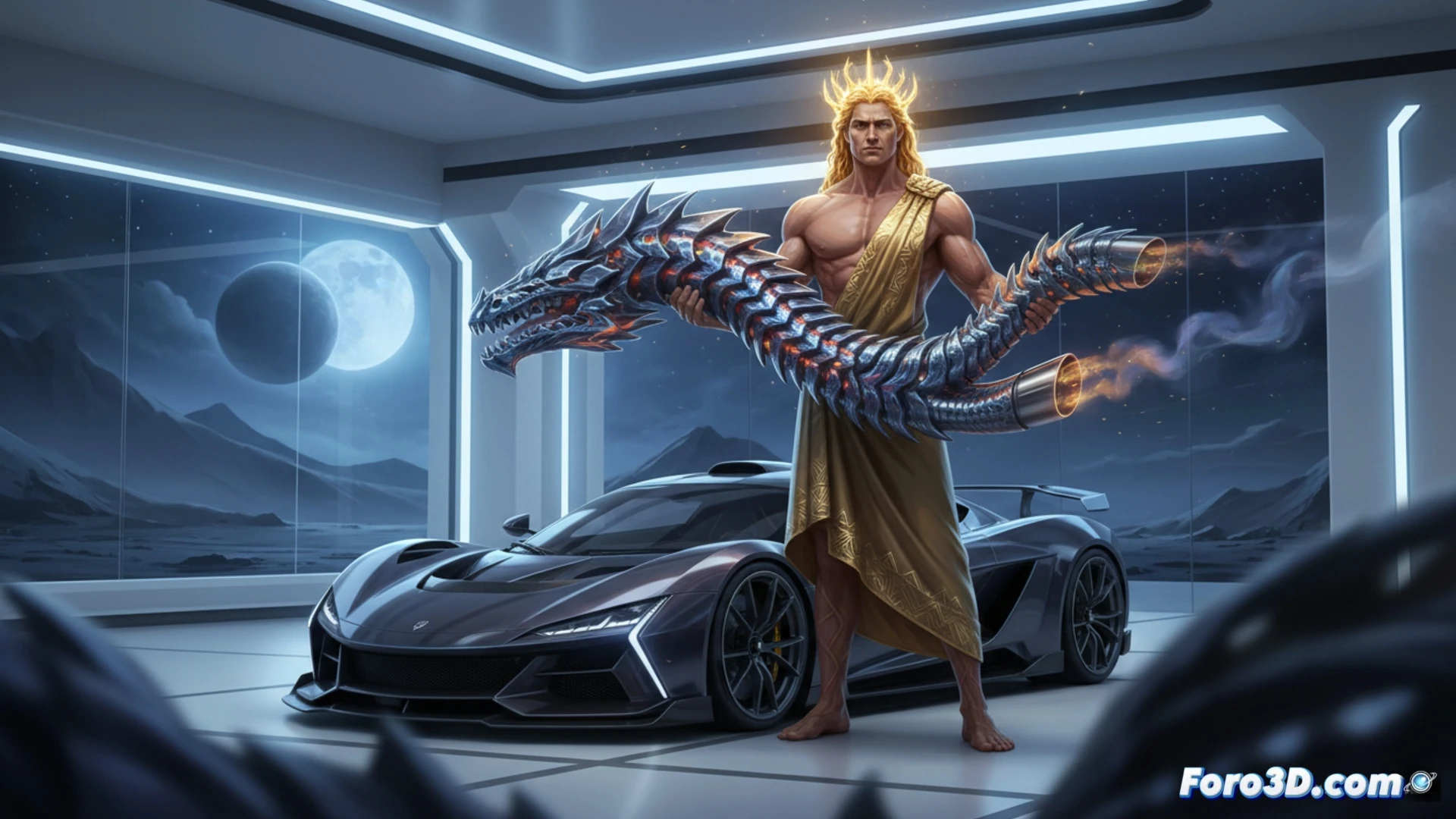 massive single-piece 3D printed titanium exhaust system for hypercar, Dragon Skin being lowered onto Apollo EVO engine bay by robotic arm, layer-by-layer additive manufacturing visible on metallic surface, TA15 aerospace grade alloy texture with matte finish, complex organic lattice geometry impossible with traditional casting, glowing orange build chamber in background during printing process, engineering visualization style, dramatic workshop lighting with blue ambient glow, ultra-detailed layer lines and support structures, photorealistic technical render, motion blur on robotic arm movement