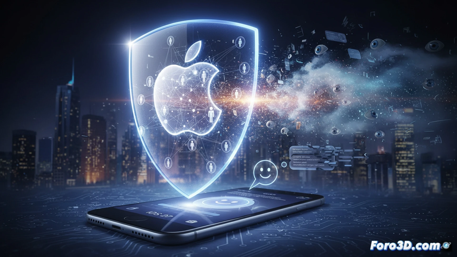 photorealistic technical illustration of a glowing translucent shield made of data privacy icons floating inside a futuristic Apple-style glass cube, a Siri waveform dissolving into particles as a digital history log is erased by a glowing brush tool, iOS 27 interface with a privacy lock icon hovering above a voice assistant conversation bubble, cinematic lighting with soft blue and white tones, sleek metallic surfaces reflecting the scene, ultra-detailed UI elements, engineering visualization style, clean minimal composition