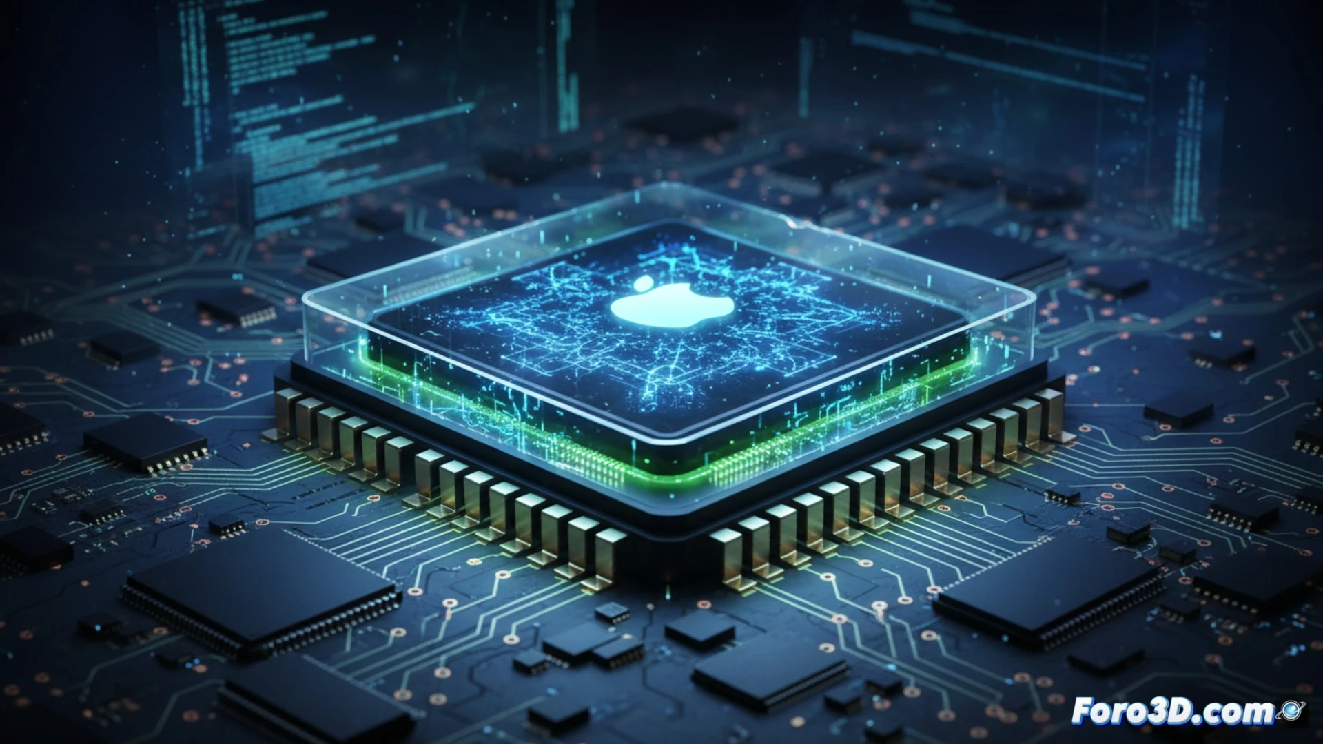 Apple M4 Max chip glowing on a black circuit board, neural engine cores pulsing with blue light, 3 nm silicon wafer layers peeling back under a scanning electron microscope, local AI processing action showing real-time 3D rendering on a floating holographic interface, professional workstation with complex data graphs and code streams moving rapidly, cinematic engineering visualization, photorealistic metallic textures, dramatic side lighting, macro lens depth of field, technical illustration style