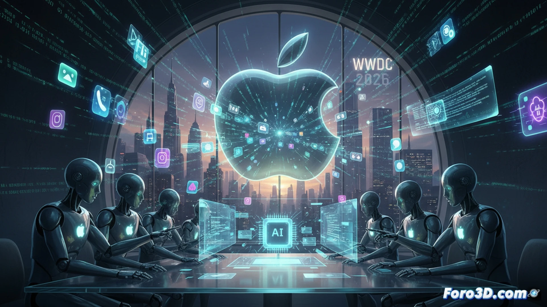 App Store digital storefront interface transforming mid-frame, static app icons morphing into glowing autonomous code streams flowing upward, smartphone screen showing real-time self-rewriting app code during live execution, WWDC 2026 stage backdrop with holographic Apple logo, dynamic code generation visualized as luminous blue particles assembling into app UI elements, cinematic technical illustration, metallic Apple device edges reflecting code light, motion blur on rewriting process, dramatic high-contrast lighting, photorealistic engineering visualization, ultra-detailed screen pixel grid, futuristic clean aesthetic.