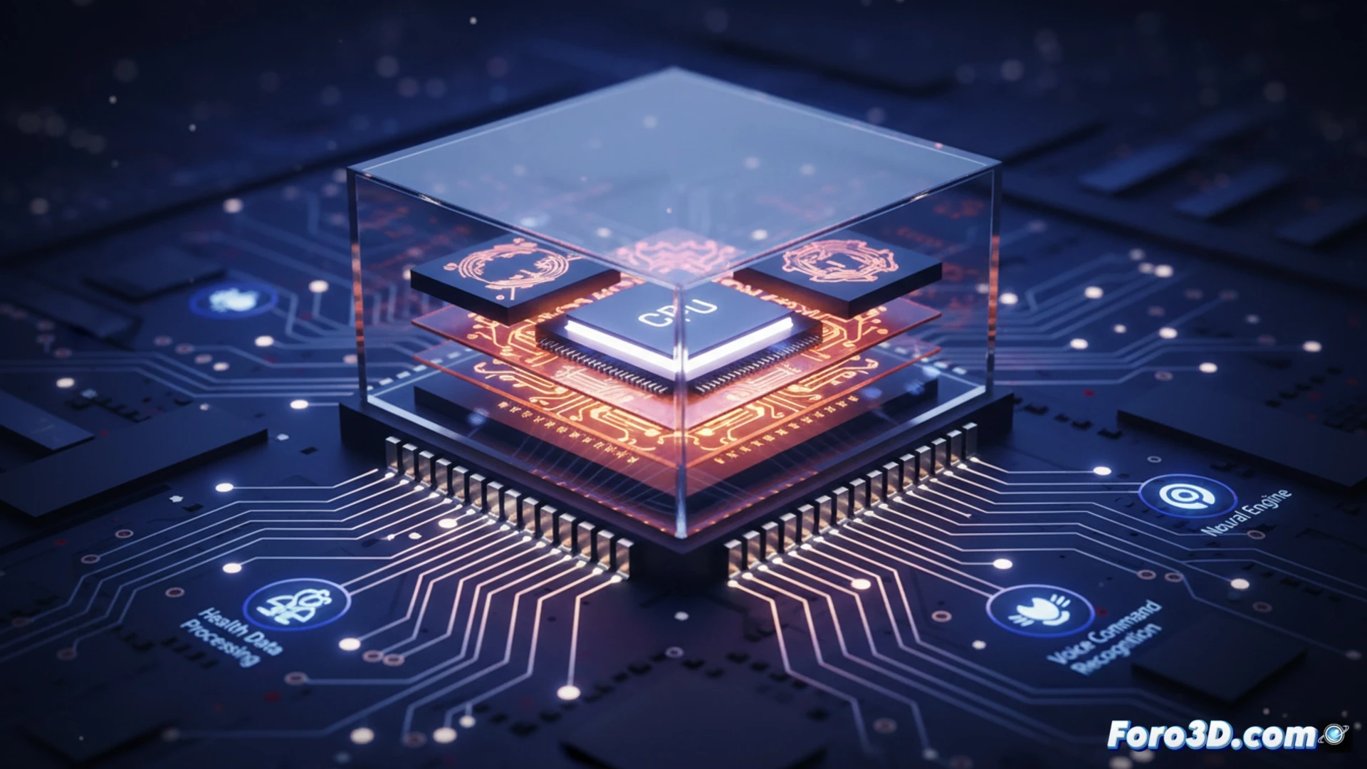 Apple Watch Series 9 S9 SiP chip being examined under a scanning electron microscope, microscopic view of a system-in-package revealing CPU cores, GPU clusters, and a 4-core neural engine, active data processing visualized as glowing neural pathways and health sensor signals flowing directly inside the chip without connecting to an iPhone, technical illustration style, high-contrast metallic textures, golden circuit traces, ultra-detailed semiconductor layers, dramatic blue and amber lighting, photorealistic engineering visualization