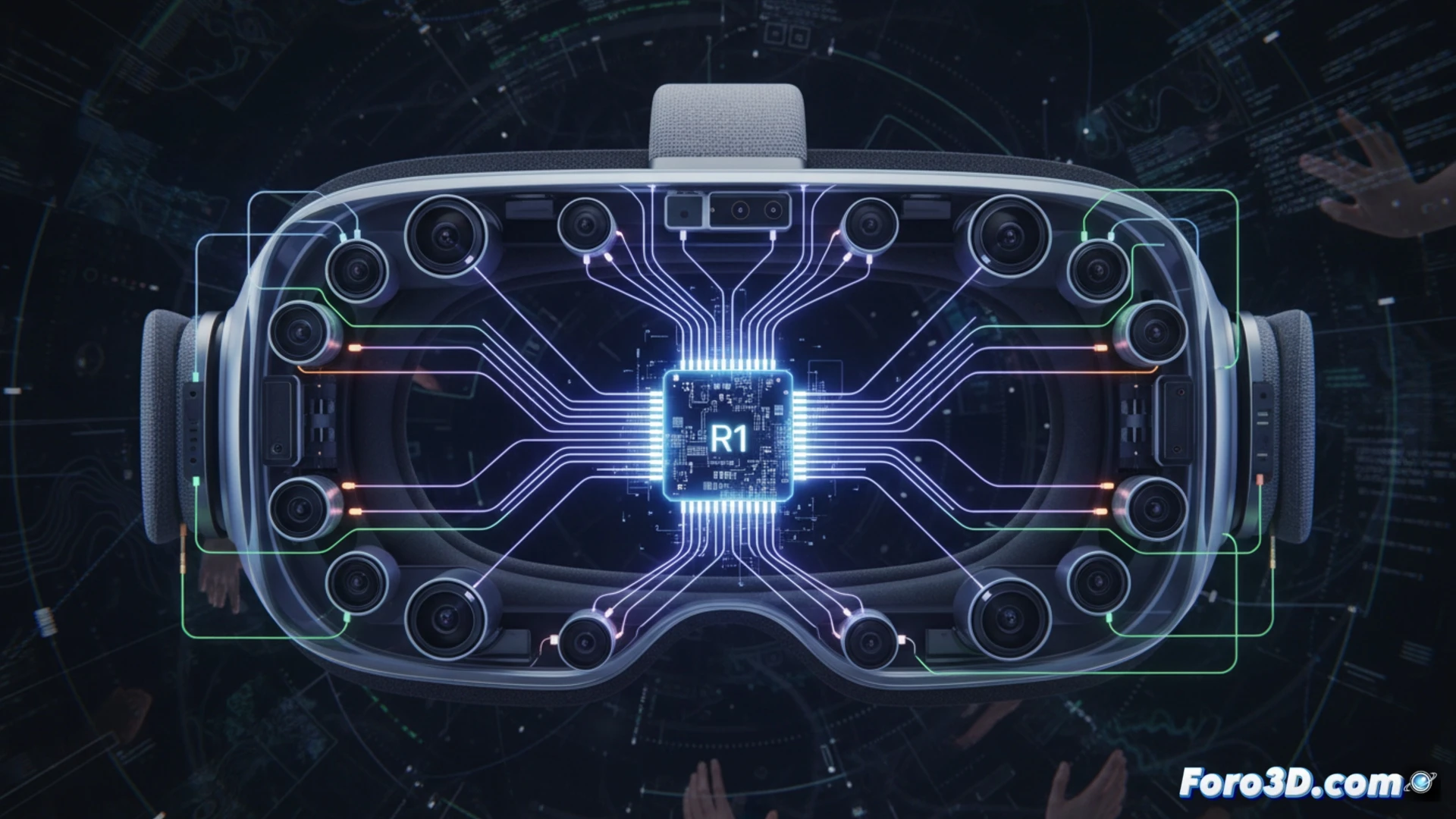 close-up of Apple Vision Pro headset being disassembled, revealing the R1 chip and M2 processor on a circuit board, twelve camera lenses arranged in a circular array around the device, five sensor modules and six microphone grilles visible, data flow lines in cyan and orange connecting cameras to the R1 chip, while a user s head turns rapidly with motion blur effect, the virtual interface staying perfectly sharp and stable, technical illustration style, exploded view of internal components, glowing signal paths, dark background with blue ambient light, photorealistic engineering visualization, ultra-detailed PCB traces, macro lens perspective, industrial precision aesthetic