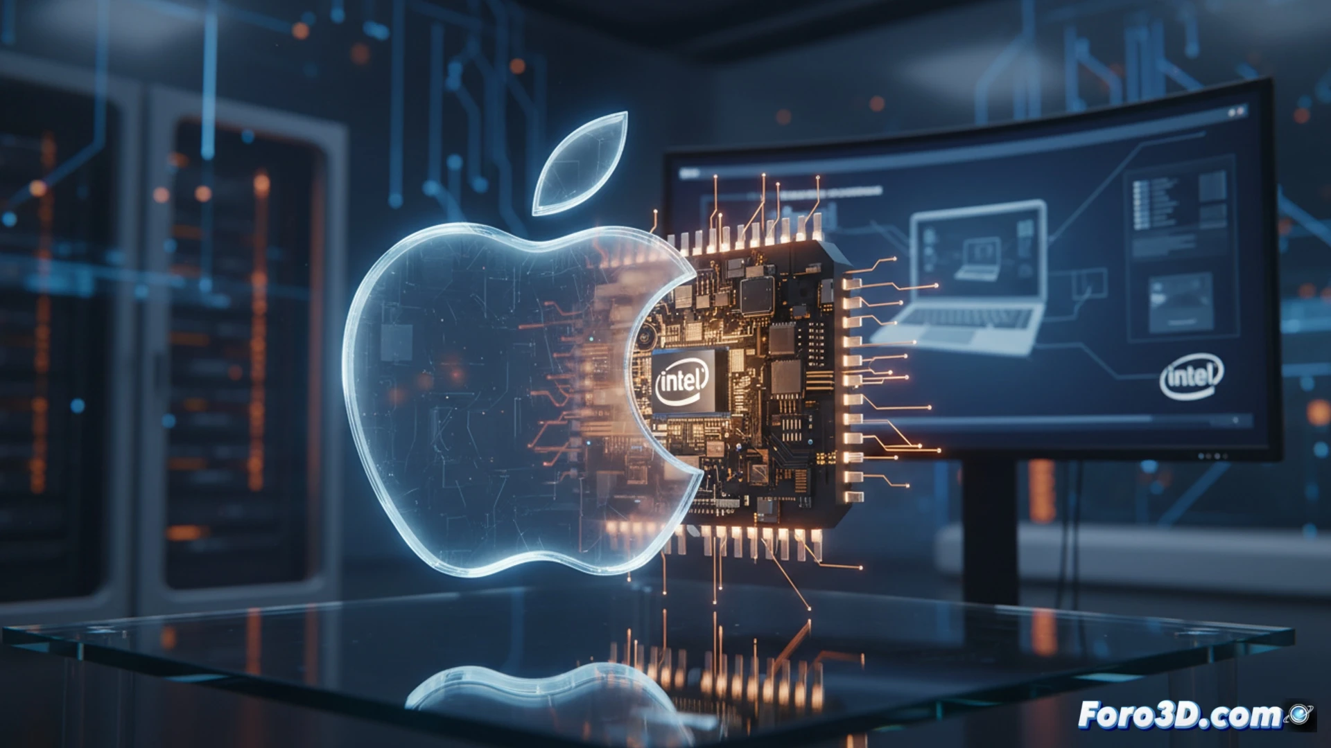 Dos ejecutivos, uno de Apple y otro de Intel, estrechan manos sobre un chip brillante; logos de la manzana y el fabricante flotan en un fondo tecnológico azul.