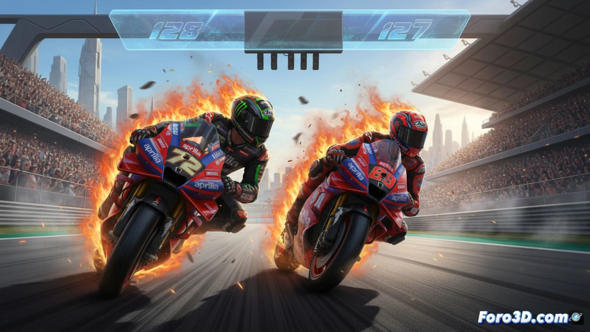 Aprilia MotoGP bikes side-by-side at high speed on Barcelona circuit straight, Marco Bezzecchi bike on left with smoke from rear tire, Jorge Martín bike on right accelerating hard, sparks flying from both underbodies, aerodynamic winglets cutting through air, suspension compressed during heavy braking zone, dramatic sunset golden hour lighting, cinematic racing photography style, motion blur on background grandstands and palm trees, carbon fiber body panels reflecting track lights, photorealistic motorsport render, intense wheel-to-wheel battle scene
