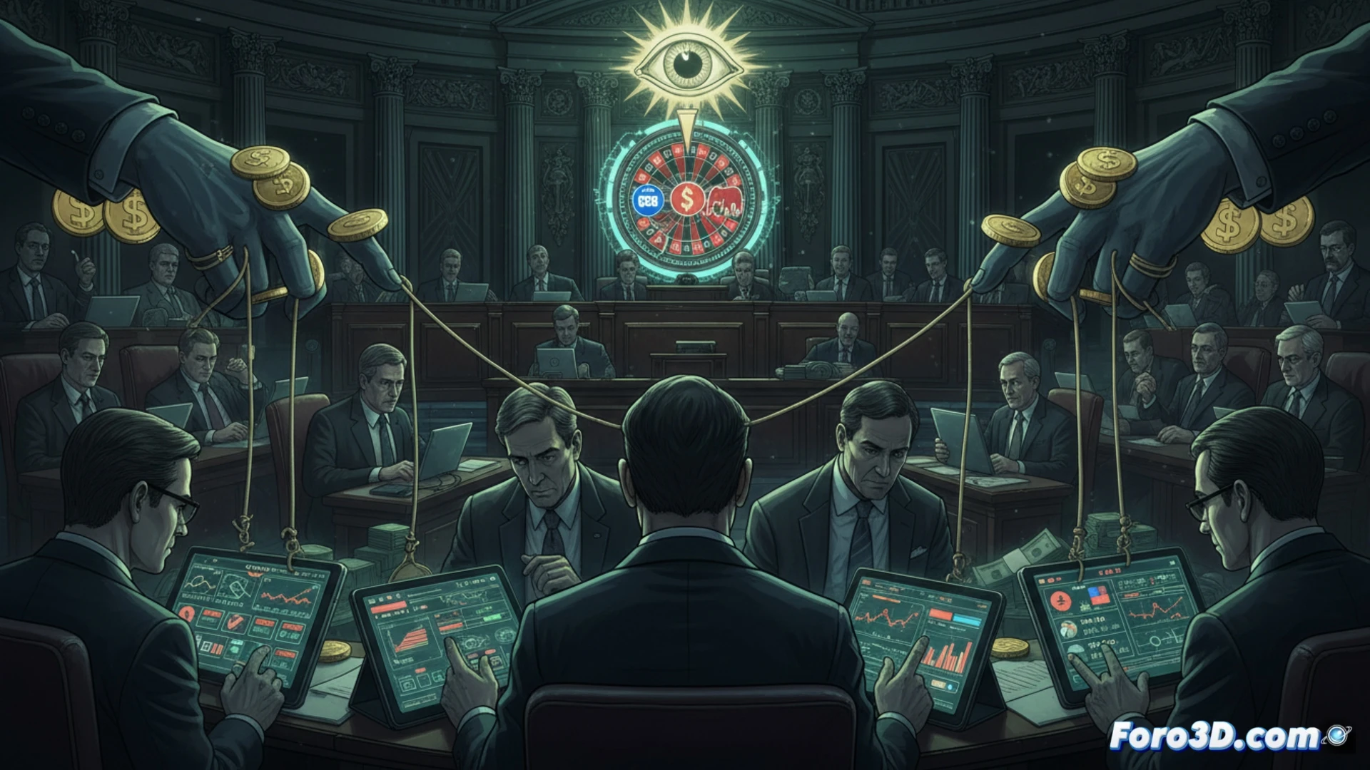 Capitolio estadounidense al atardecer, legisladores con traje observando pantallas táctiles de Polymarket y PredictIt durante votaciones, gráficos financieros verdes-rojos mostrando probabilidades políticas en tiempo real, fajos de billetes apilados sobre escritorios de madera, manos escribiendo apuestas en formularios legislativos, sombras alargadas de figuras corporativas detrás de cortinas, estilo cinematográfico hyperrealista, iluminación dramática con luces cálidas de araña, profundidad de campo limitada, textura granulada de película, composición simétrica con columnas neoclásicas al fondo