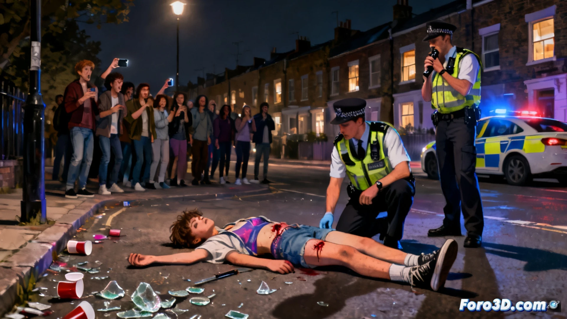adolescent lying on urban pavement at night, forensic officers in white suits examining a knife on the ground, mobile phones held by bystanders recording the scene, yellow police tape cordoning off a residential street, flashing blue lights from patrol cars, cinematic photorealistic crime scene visualization, dramatic streetlamp shadows, technical evidence markers on asphalt, gritty London urban atmosphere, ultra-detailed textures of clothing and concrete