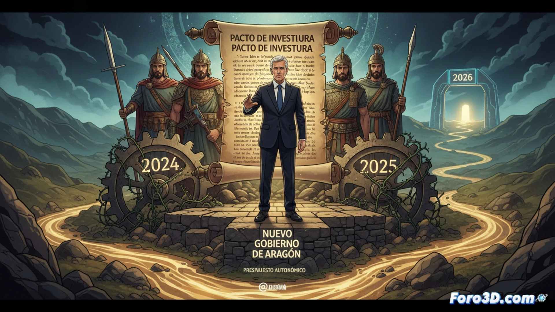 Descripción (80-120 caracteres):  
Jorge Azcón firma un presupuesto en 2026, con documentos apilados y un reloj marcando el tiempo de dos prórrogas.