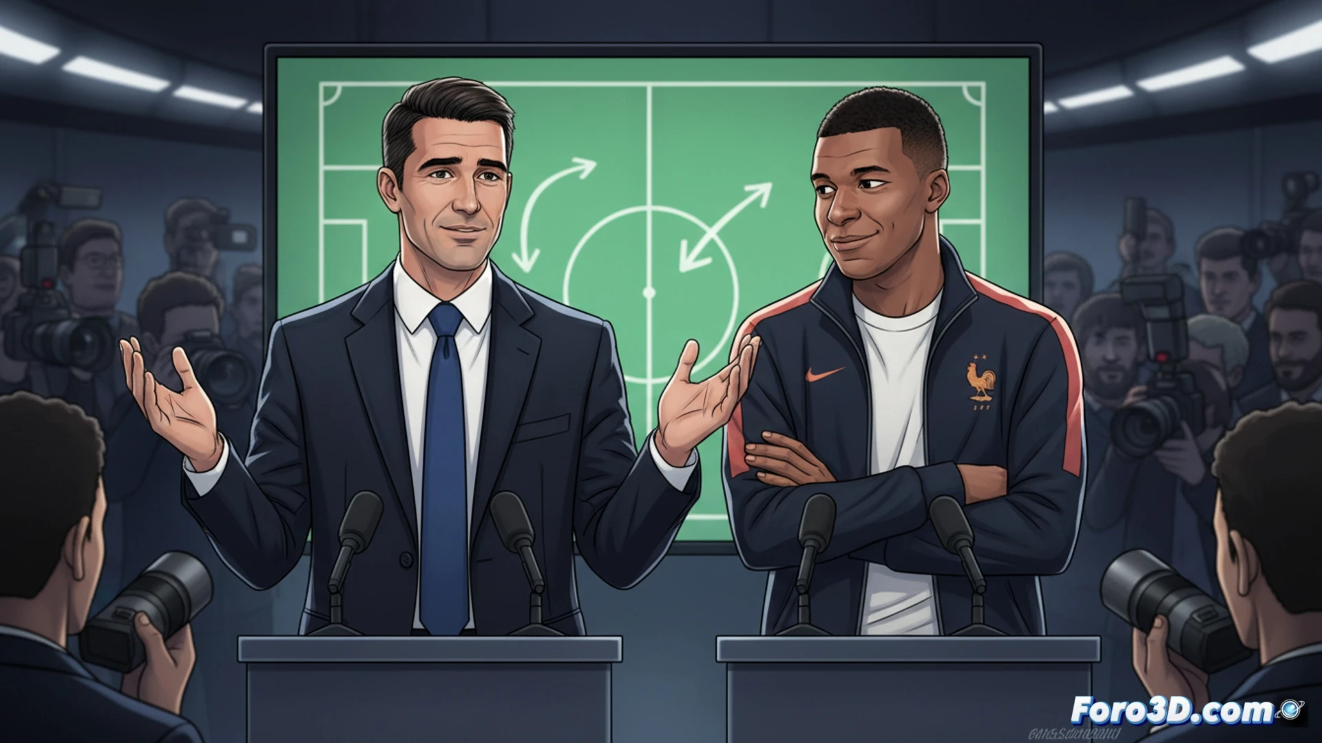 Álvaro Arbeloa, con gesto sereno, explica a Kylian Mbappé en el vestuario del Real Madrid, aclarando su rol en el ataque sin jerarquías.