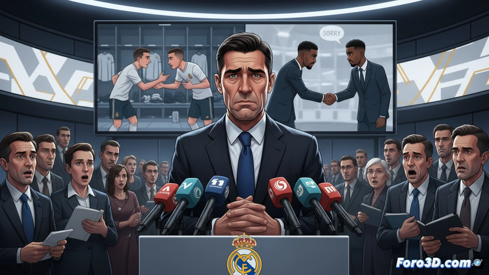Álvaro Arbeloa en rueda de prensa, con gesto serio, tras filtrarse la pelea en el vestuario del Real Madrid.