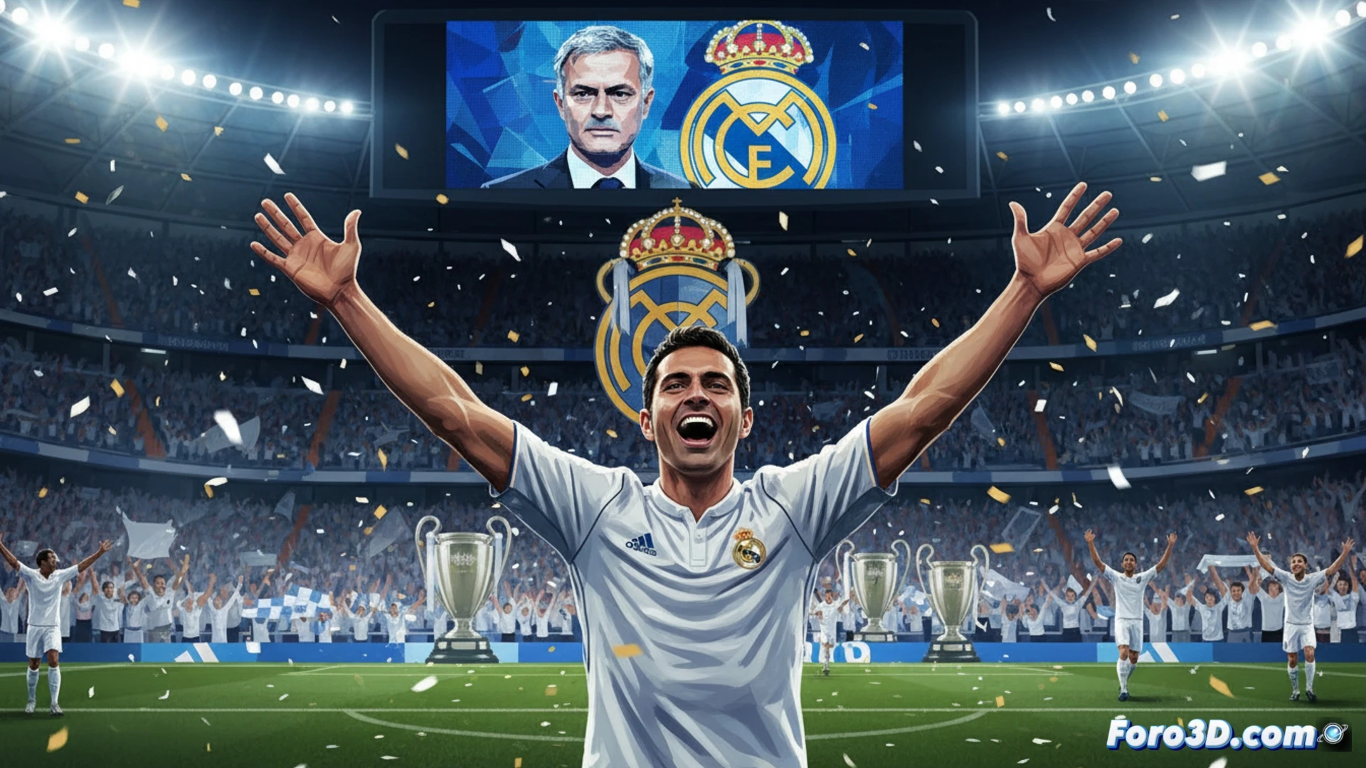 Celebration scene in a modern press room, Álvaro Arbeloa raising a smartphone showing a tactical formation on screen, José Mourinho silhouette projected behind him on a glass wall, red Real Madrid scarf draped over a chair, digital tablet displaying trophy icons and match statistics, cinematic photorealistic style, dramatic spotlight illuminating Arbeloa’s face, soft lens flare from the projector, reflective surfaces on the table showing football pitch diagrams, ultra-detailed textures on clothing and electronics, warm stadium lighting ambiance, high-contrast shadows, technical interview setting with microphones and studio monitors visible.