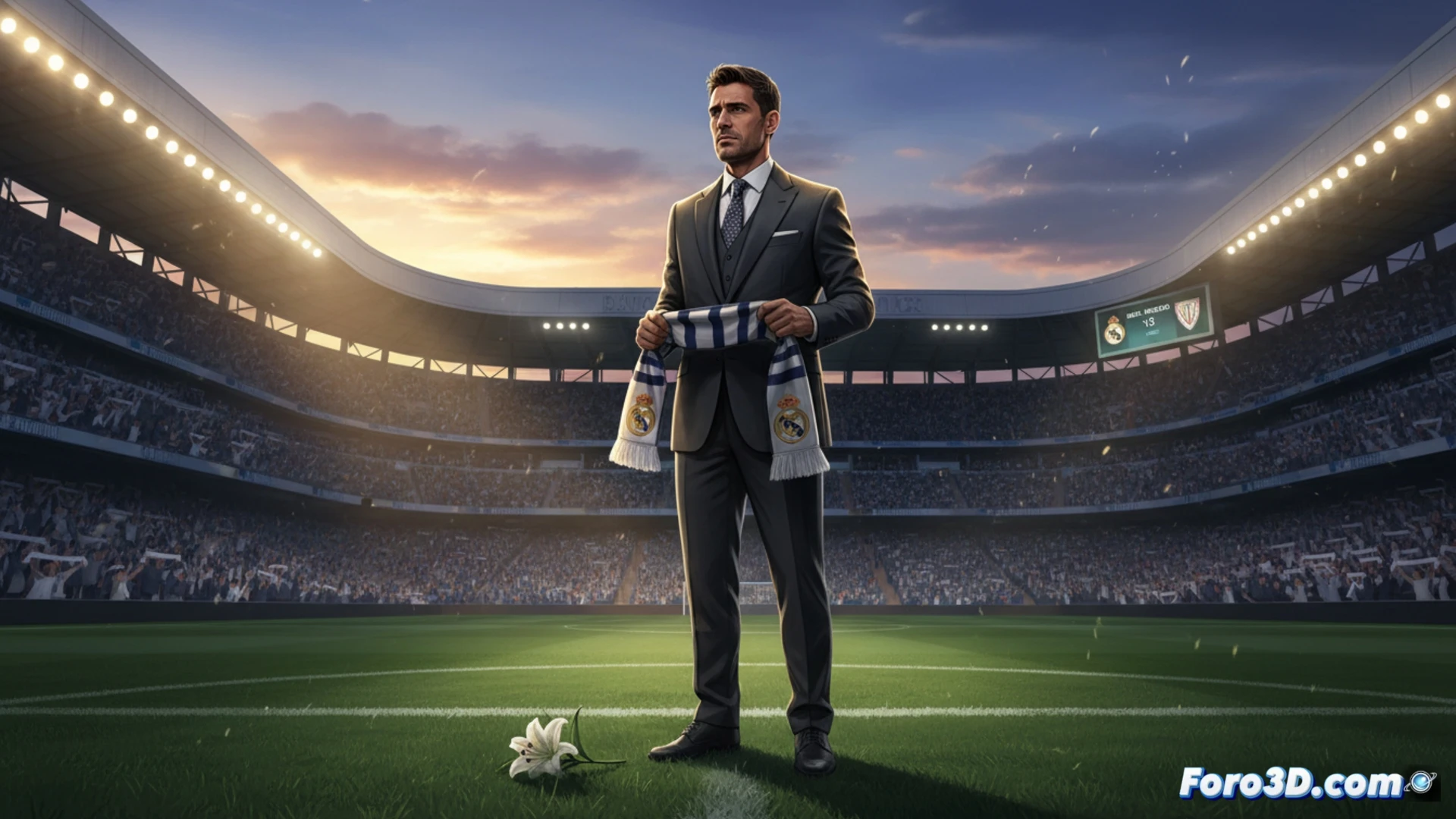 Álvaro Arbeloa de pie en el banquillo del Santiago Bernabéu, reloj digital marcando tiempo de descuento, tableta táctica con diagrama de juego roto en su mano, bufanda del Real Madrid colgando del respaldo, mirada seria hacia el campo vacío, focos del estadio iluminando el césped, gradas desiertas, viento moviendo hojas de notas técnicas sobre el banco, estilo cinematográfico realista, iluminación dramática crepuscular, textura metálica del banquillo, atmósfera de despedida, photorealistic technical illustration
