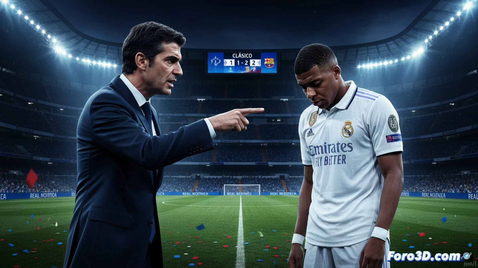 Descripción: Álvaro Arbeloa, visiblemente frustrado, señala con el dedo a Kylian Mbappé en el vestuario del Real Madrid, mientras el francés mira al suelo con rostro serio. Al fondo, el marcador del clásico muestra la derrota.