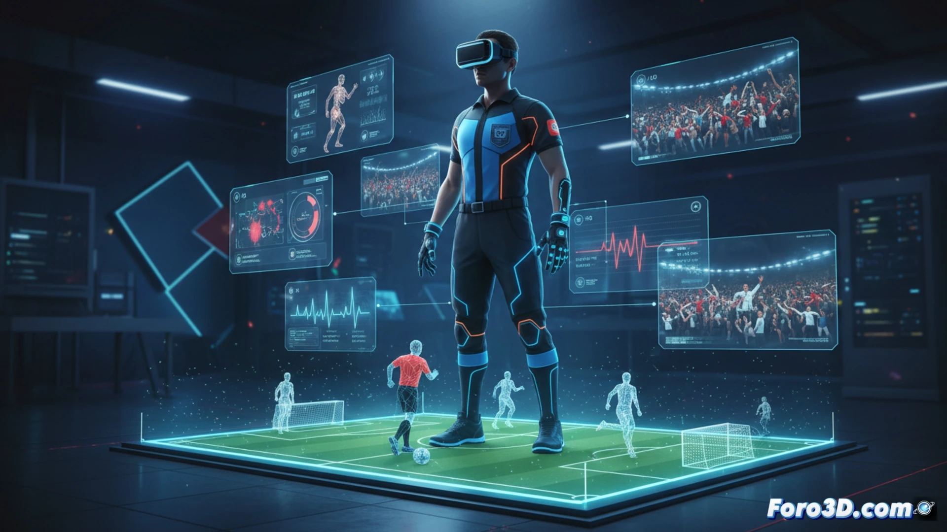 Árbitro con gafas de realidad virtual en campo deportivo, simulando decisiones en entorno 3D para entrenamiento de seguridad laboral