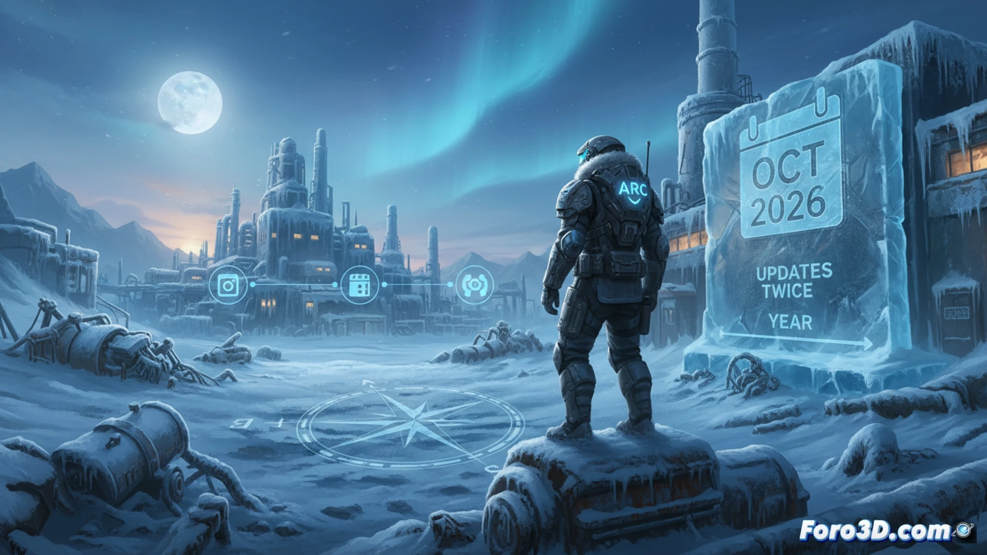 Descripción: Un paisaje nevado del mapa Frozen Trail en Arc Raiders, con ruinas industriales del Rust Belt bajo un cielo tormentoso, reflejando el cambio a actualizaciones semestrales.