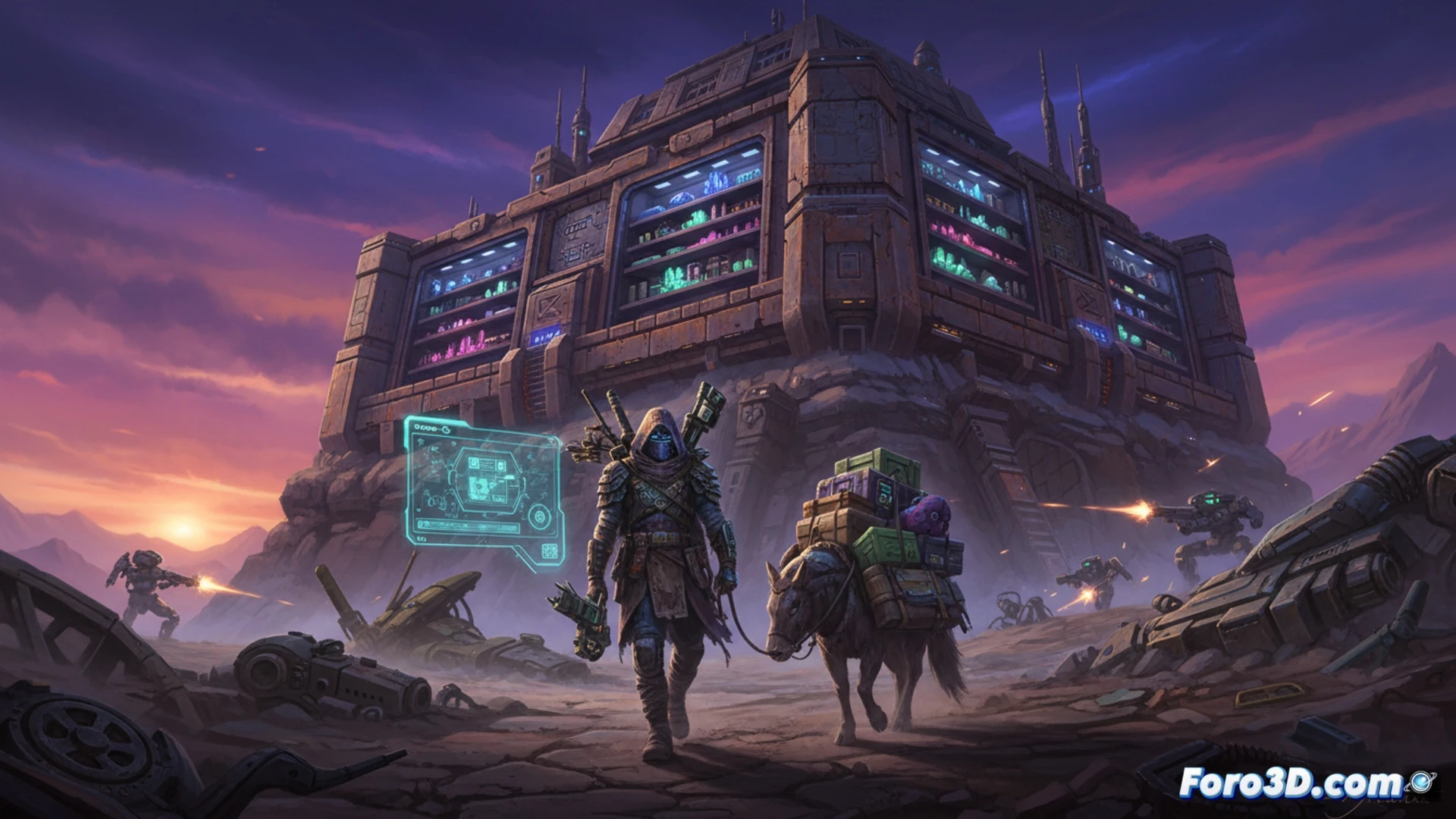 Un jugador de Arc Raiders revisa su almacén expandido mientras un comerciante nómada ofrece nuevos trueques bajo una luz tenue.