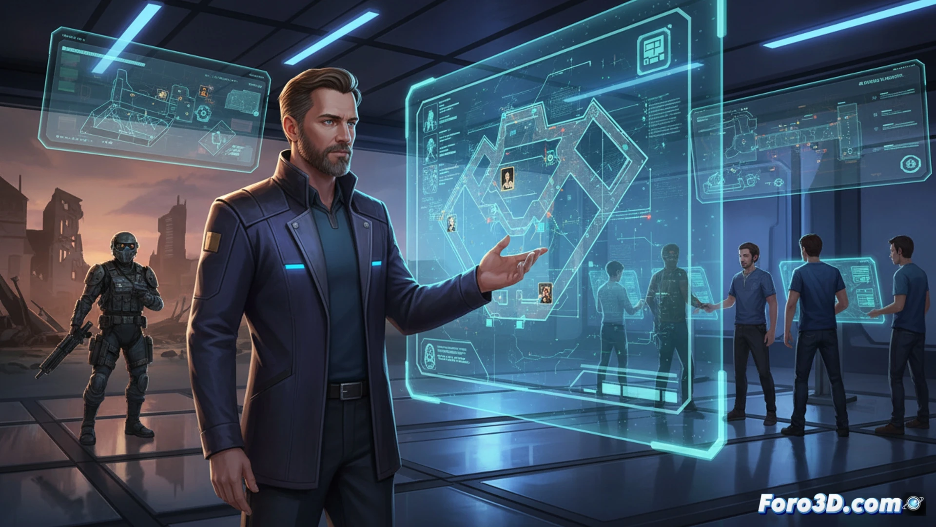 Un diseñador señala un mapa de juego en una pantalla, mientras diversos jugadores exploran un paisaje futurista con drones y edificios brillantes.