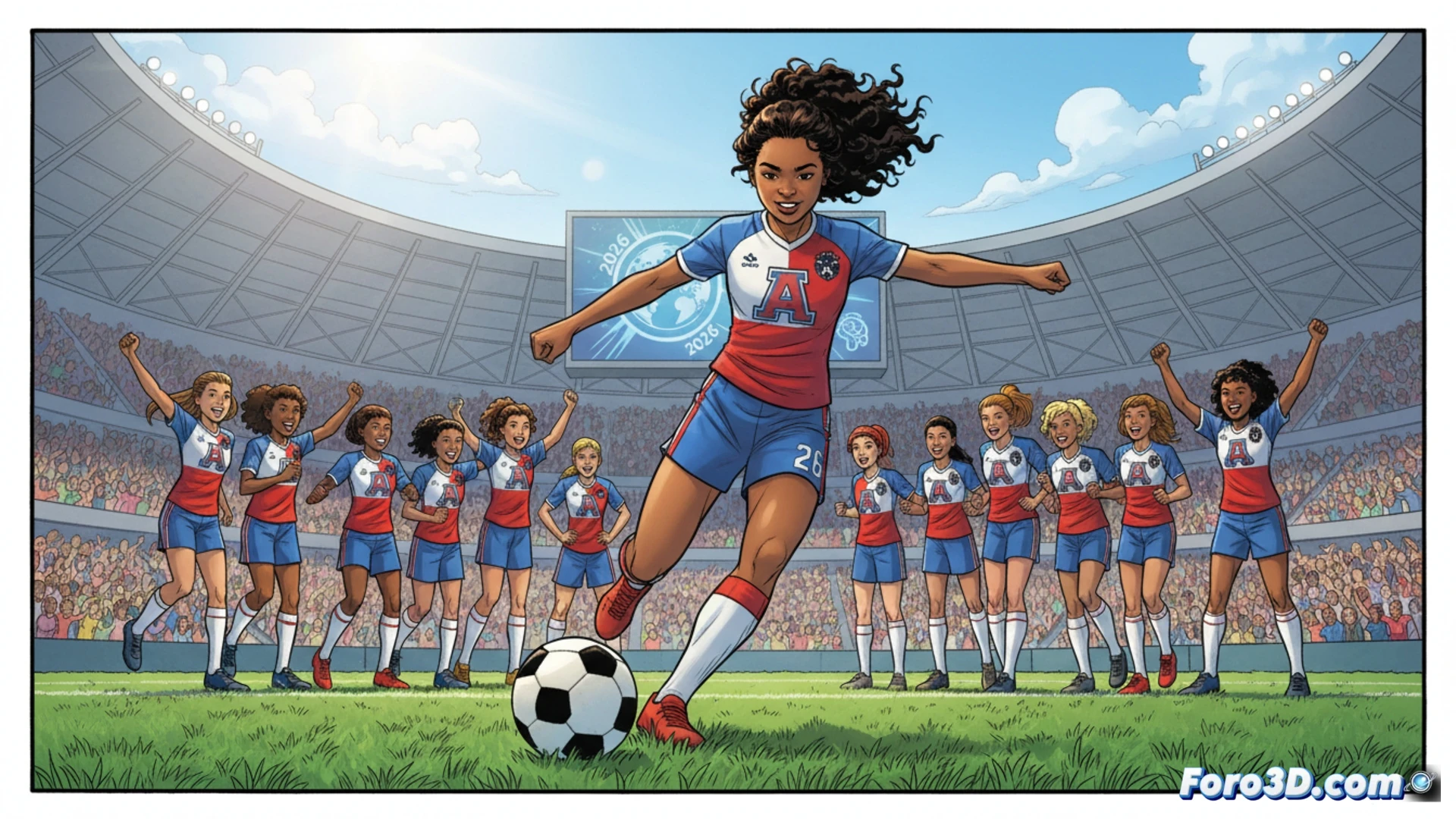 Archie Comics comic book page close-up, Eternity Fields female soccer player mid-kick on a stylized field, her cleat striking the ball with intense motion blur, dynamic pose showing athletic confidence, surrounding female teammates in red and white uniforms watching in admiration, opposing male players in blue shirts reacting with surprise, energetic action lines radiating from the ball, bright stadium lighting casting dramatic shadows, vibrant comic book inking style with bold outlines, flat cel-shaded colors, retro pop art aesthetic, no text or logos visible, cinematic sports illustration, detailed grass texture and net in background