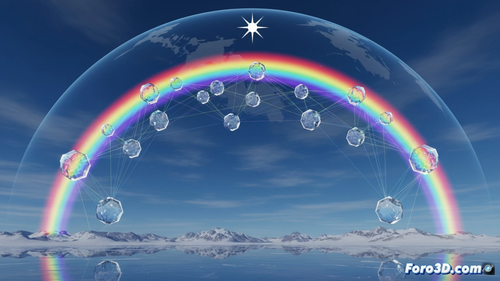 Simulación 3D del arco circunzenital mostrando refracción de luz solar en cristales de hielo hexagonales