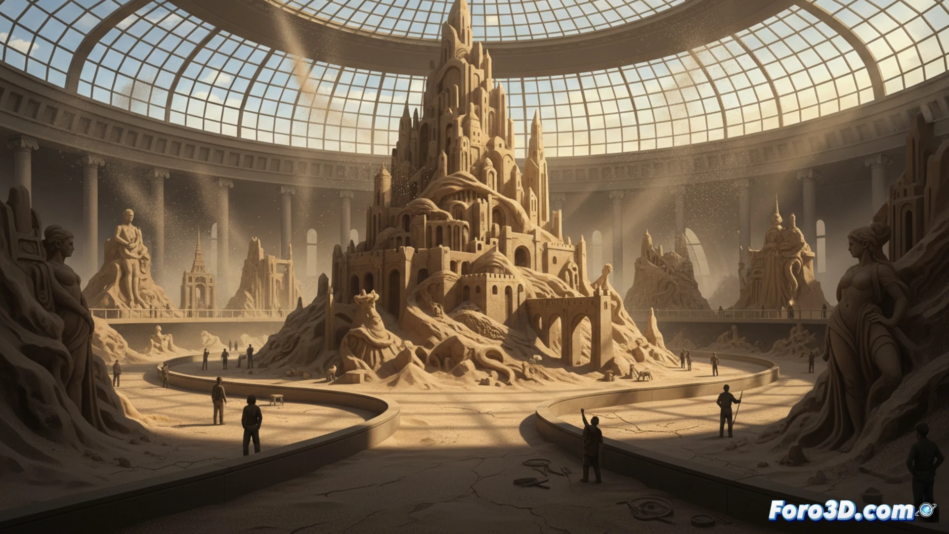 Interior del Museo de Arena de Tottori, una escultura de un castillo japonés en arena con detalles de tejas y samuráis, iluminada por luz tenue que acentúa su textura y fragilidad.